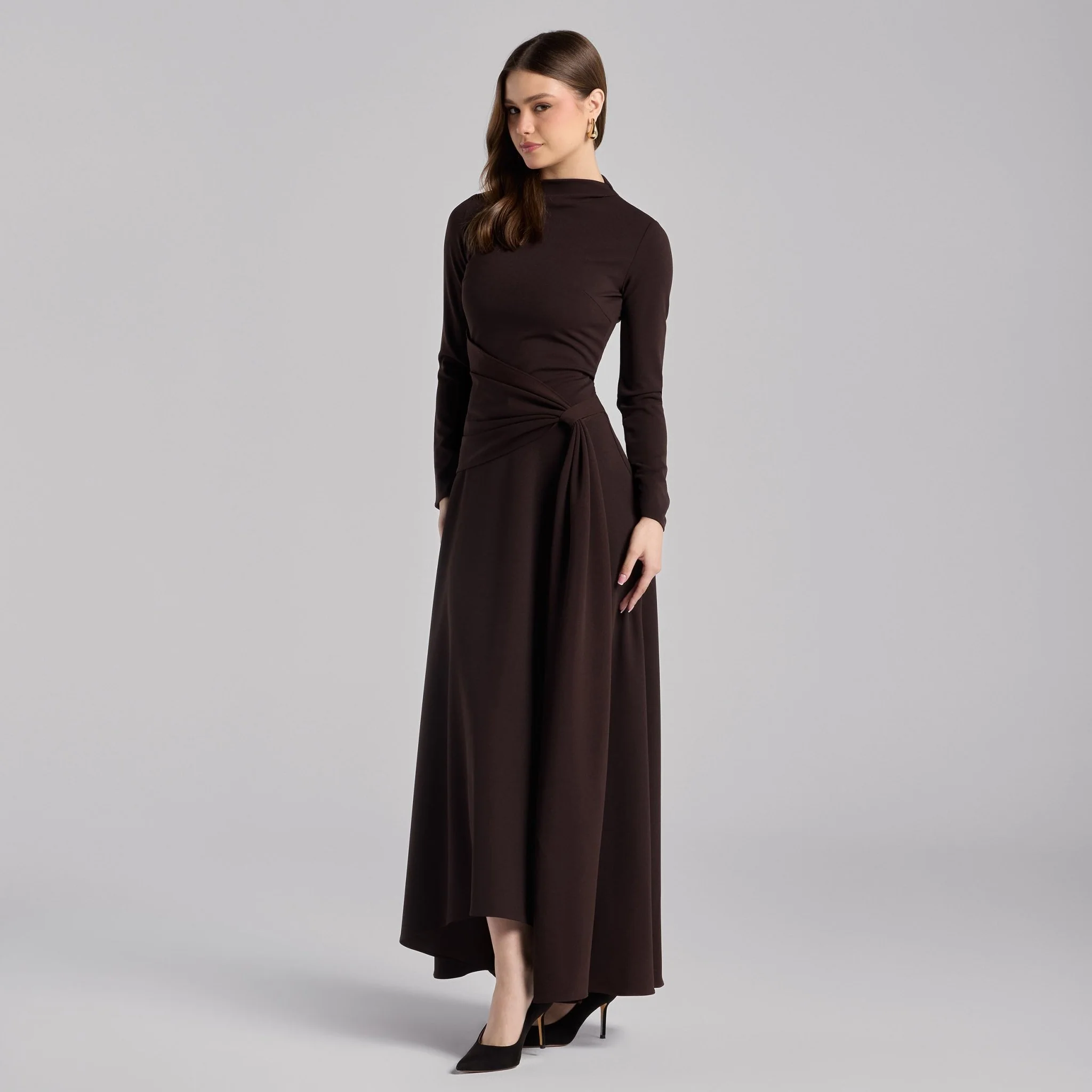 Dark Brown Crepe Asymmetric Dress - Image 2