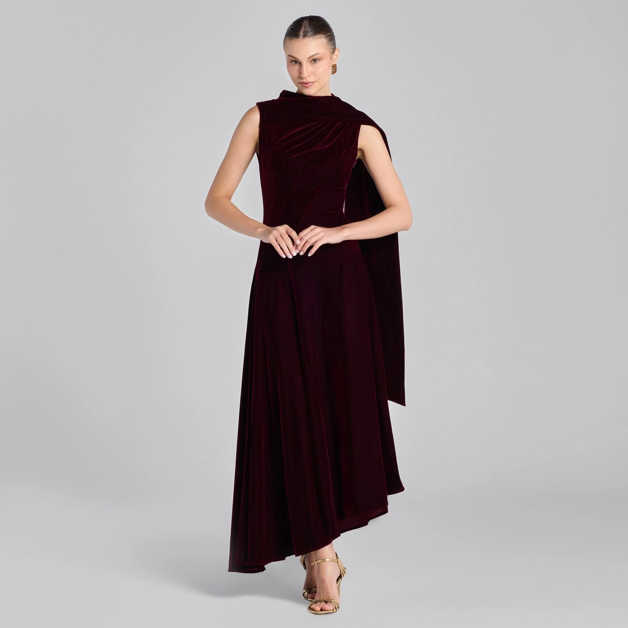 Burgundy Draped Velvet Midi Dress with Back Scarf