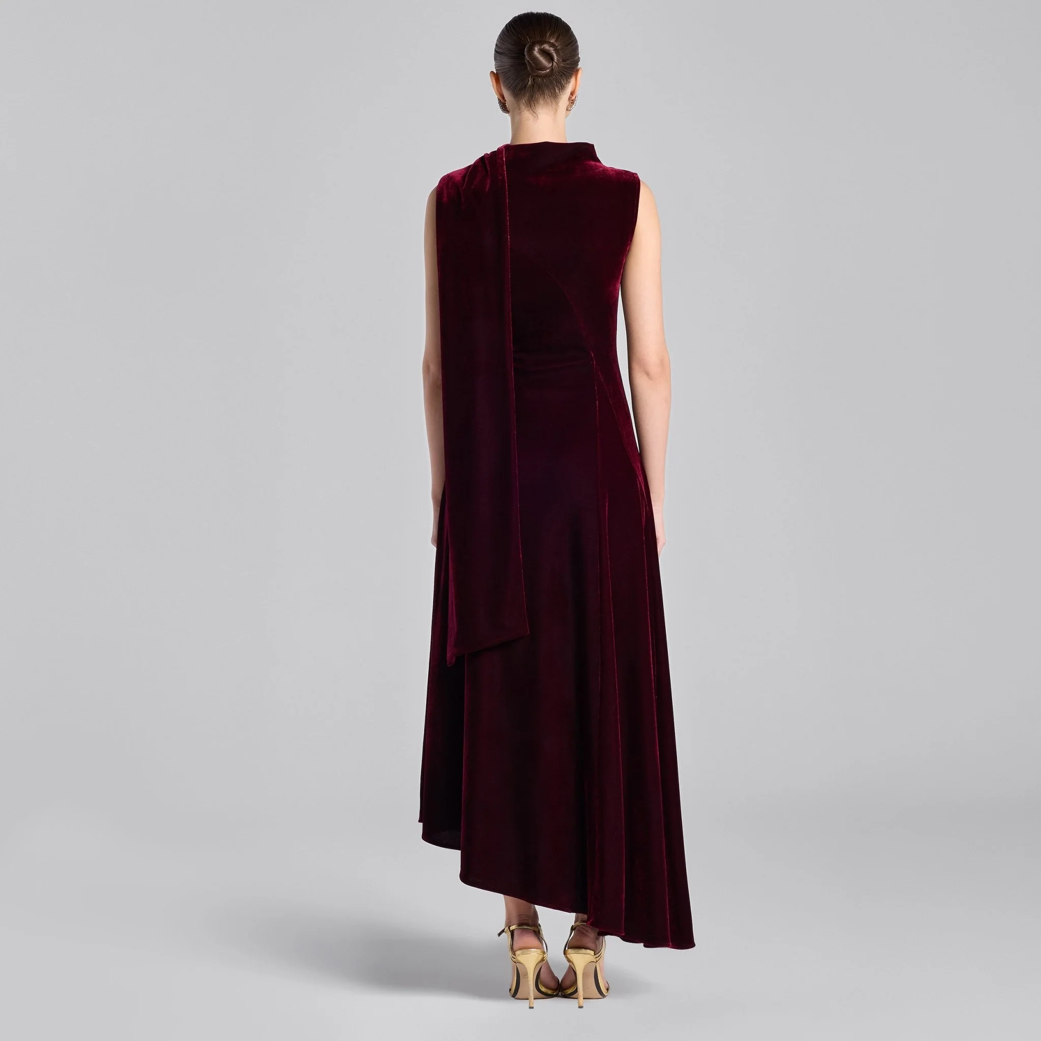 Burgundy Draped Velvet Midi Dress with Back Scarf - Image 4