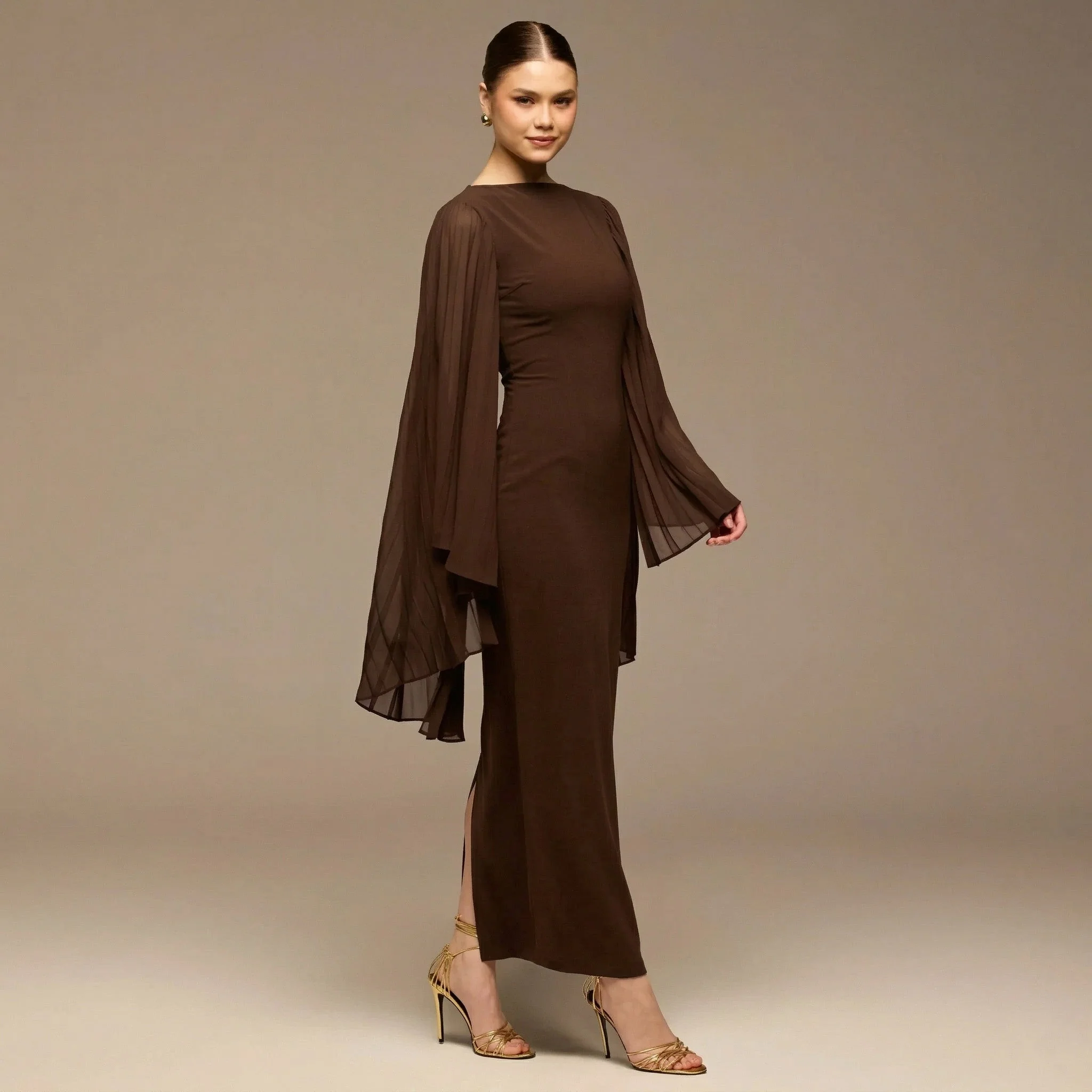 Dark Brown Boat Neck Cape Sleeve Crepe Maxi Dress - Image 2