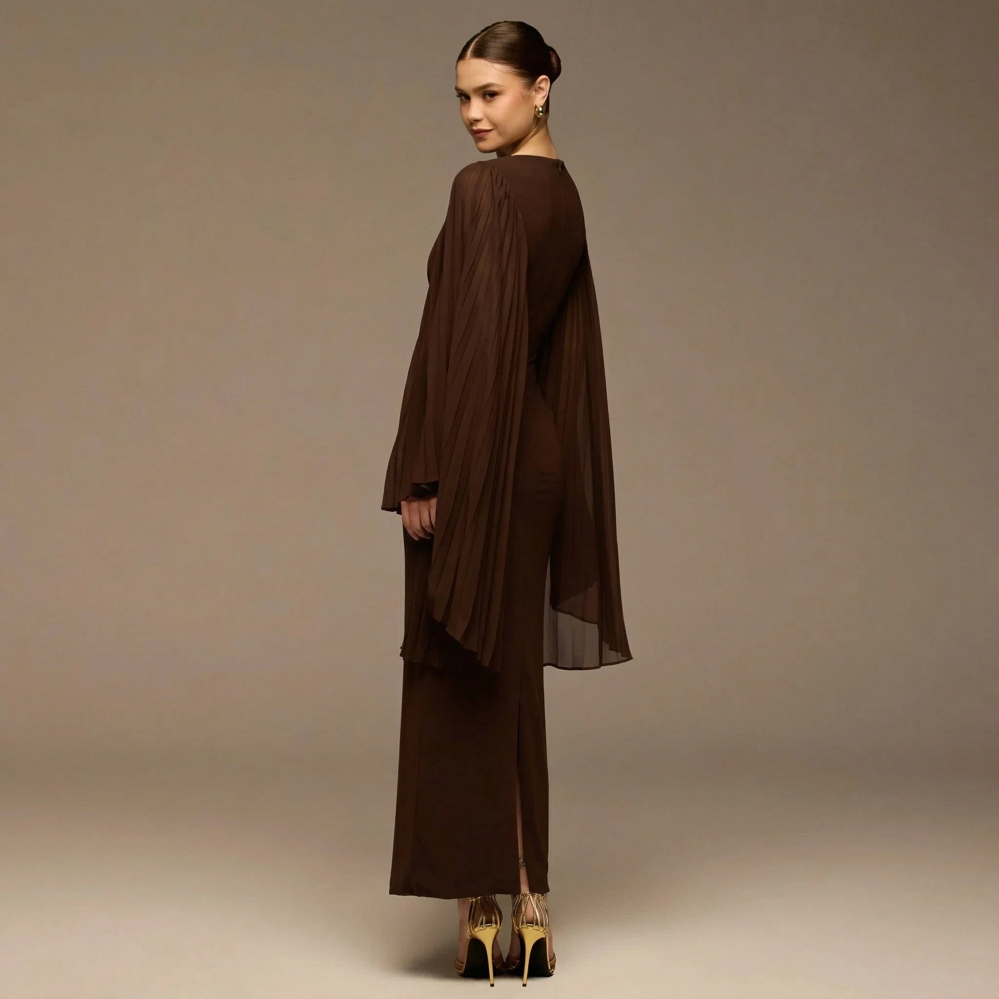 Dark Brown Boat Neck Cape Sleeve Crepe Maxi Dress - Image 3