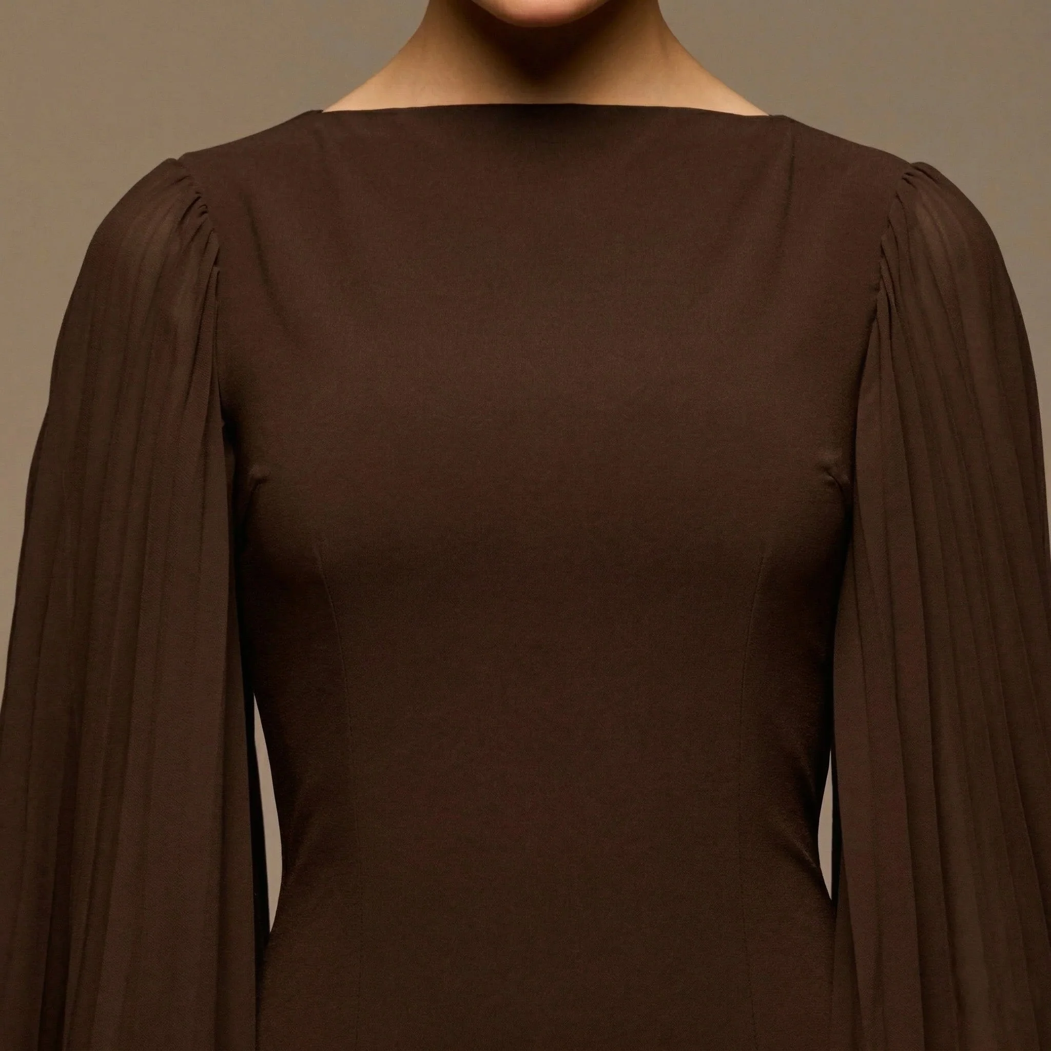 Dark Brown Boat Neck Cape Sleeve Crepe Maxi Dress - Image 4