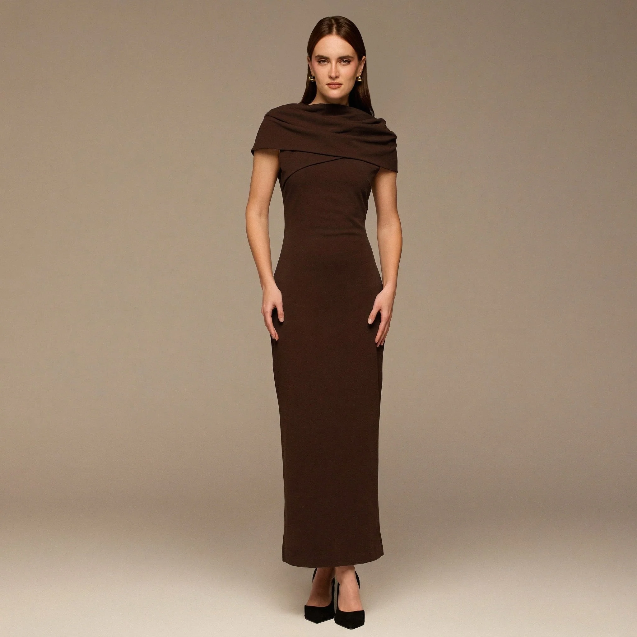 Dark Brown Draped Neck Crepe Dress - Image 2