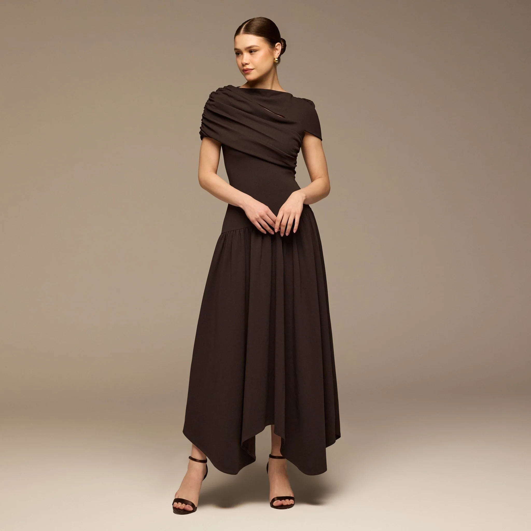 Dark Brown Dropped Waist Crepe Dress - Image 2
