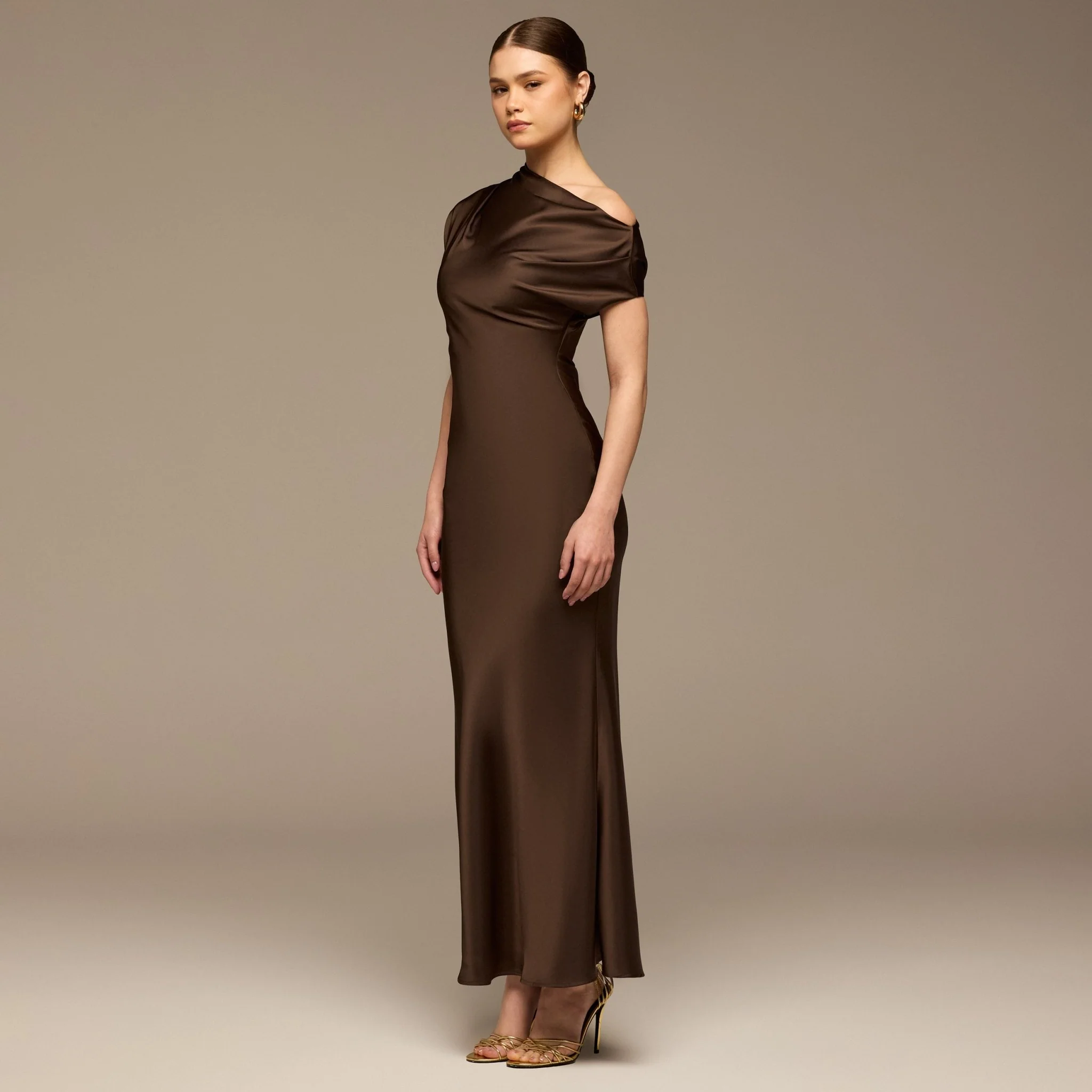Dark Brown Draped Neckline Satin Maxi Dress - Image 2