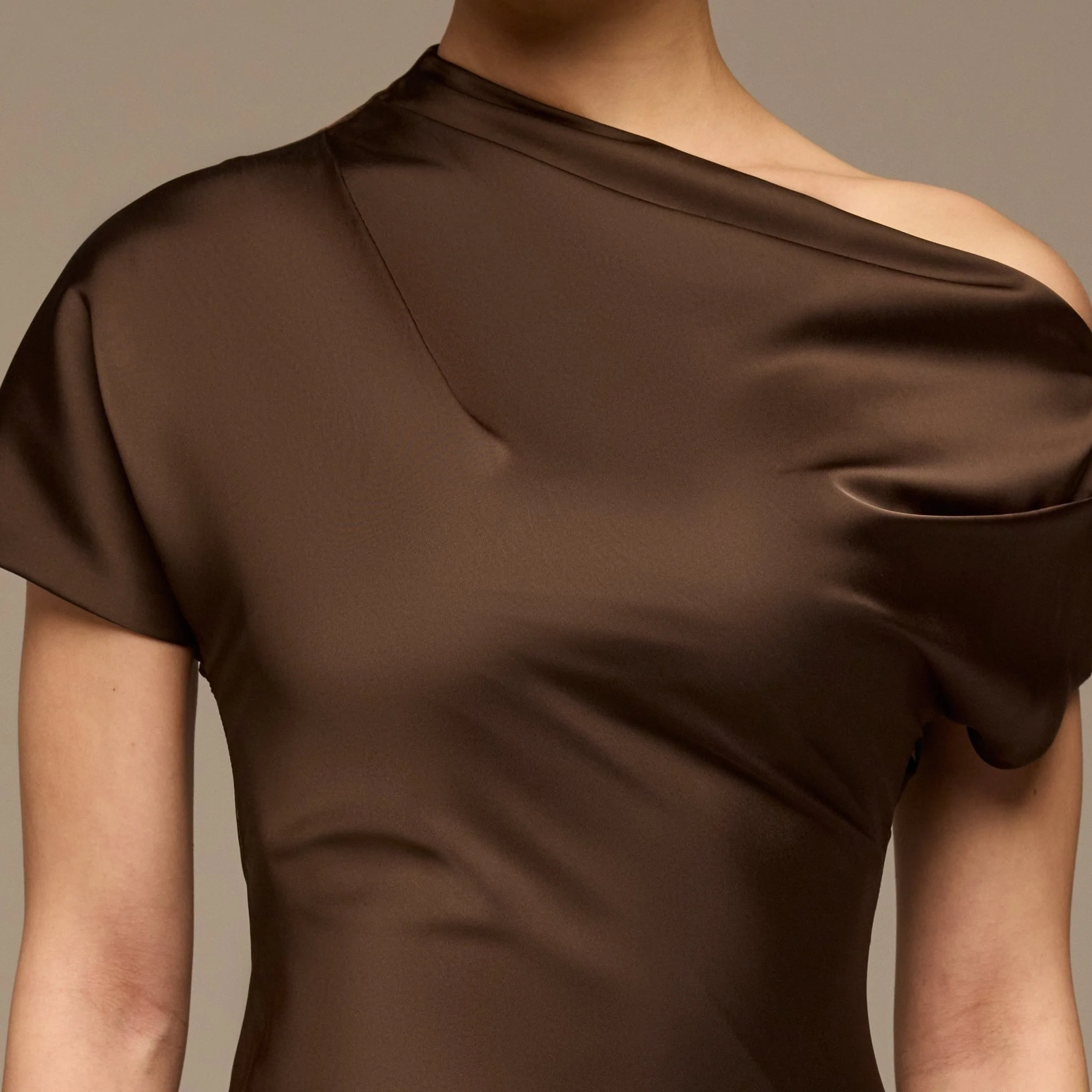 Dark Brown Draped Neckline Satin Maxi Dress - Image 3