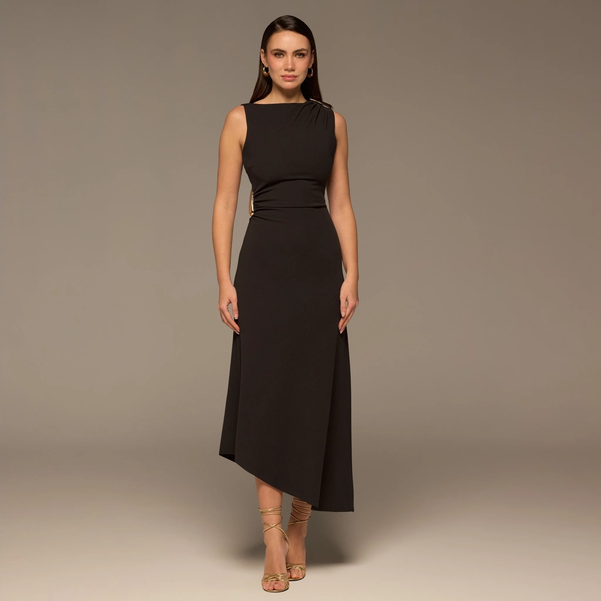 Brown Draped Asymmetric Crepe Dress - Image 2