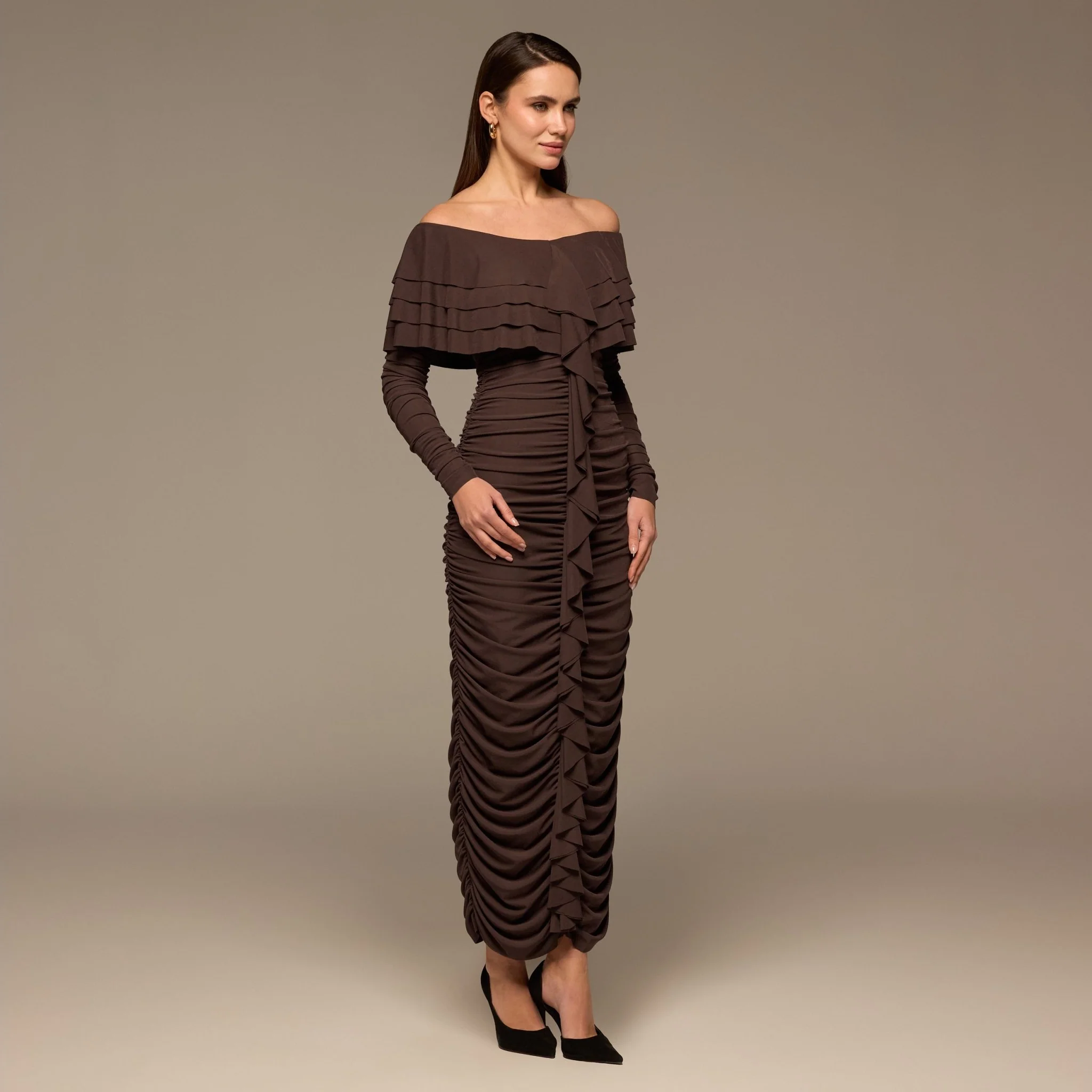 Dark Brown Cascade Ruffle Ruched Jersey Maxi Dress - Image 2