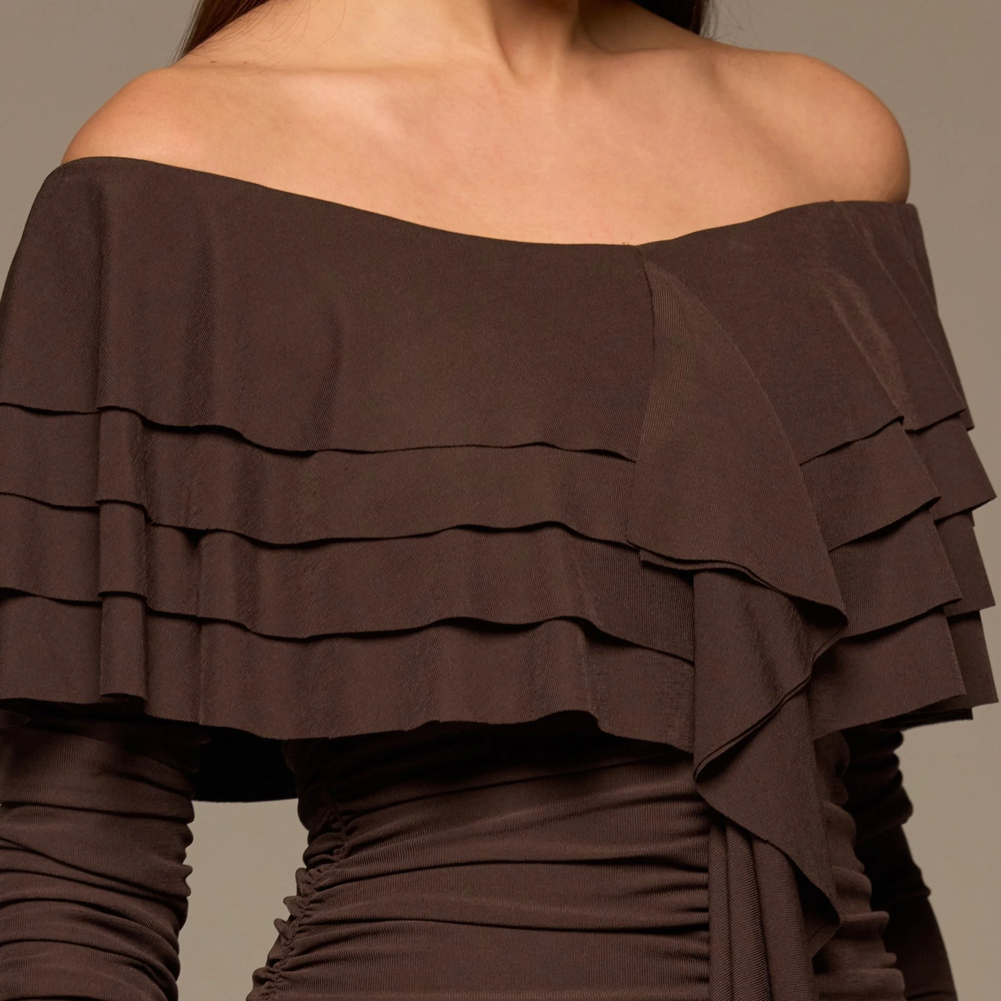 Dark Brown Cascade Ruffle Ruched Jersey Maxi Dress - Image 3