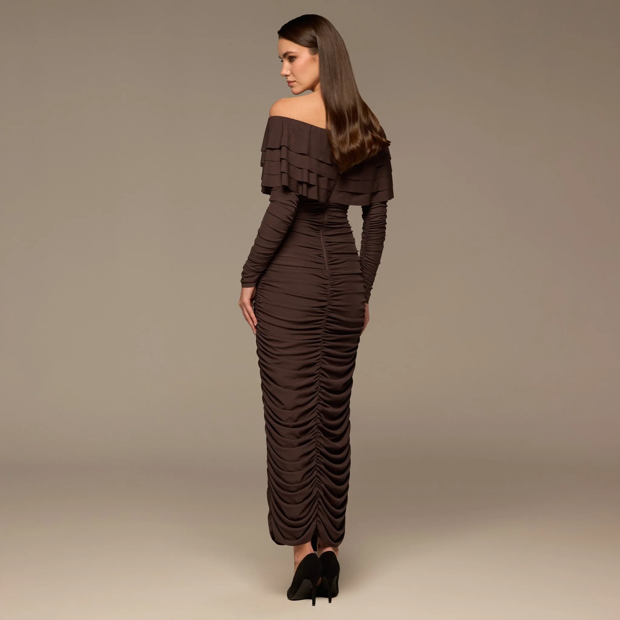 Dark Brown Cascade Ruffle Ruched Jersey Maxi Dress - Image 4
