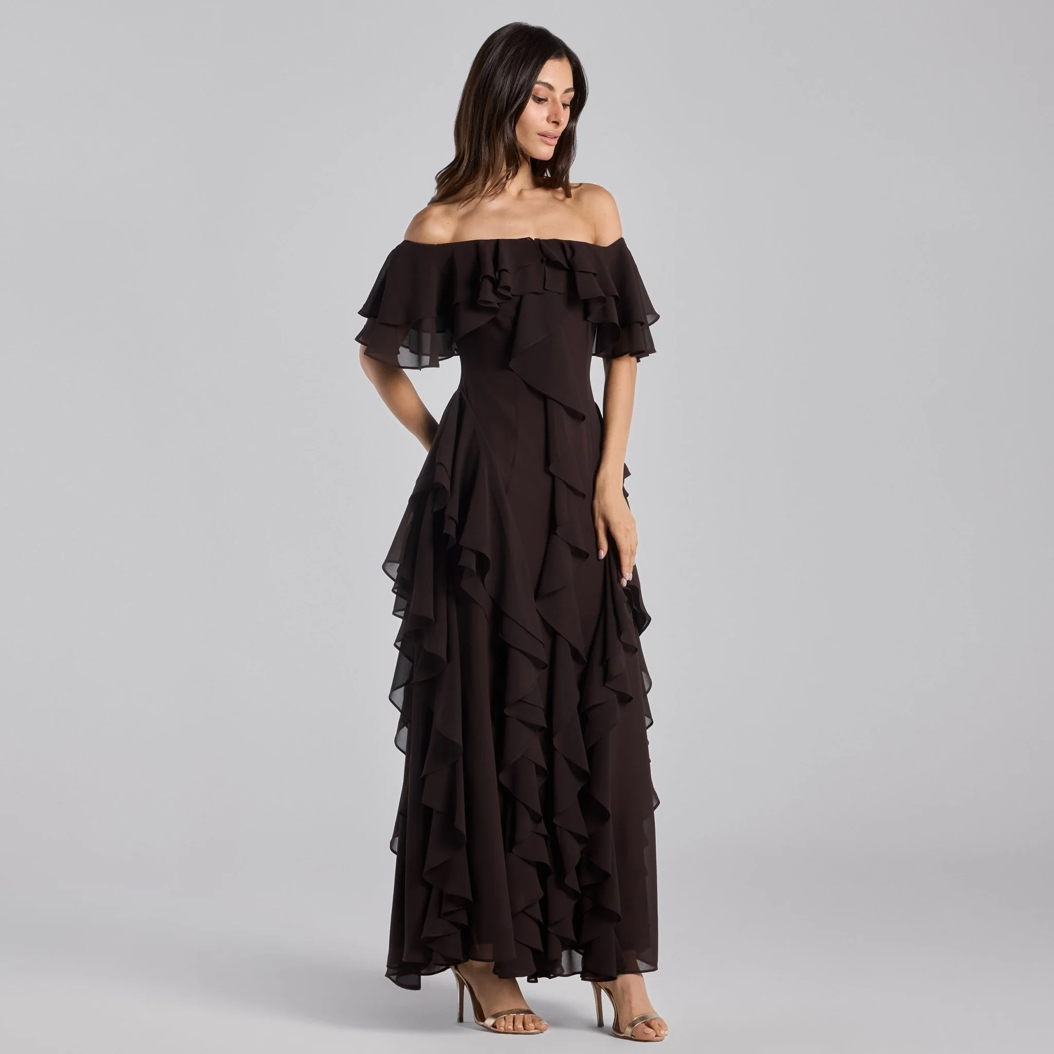 Dark Brown Off Shoulder Chiffon Maxi Dress With Ruffles - Image 2