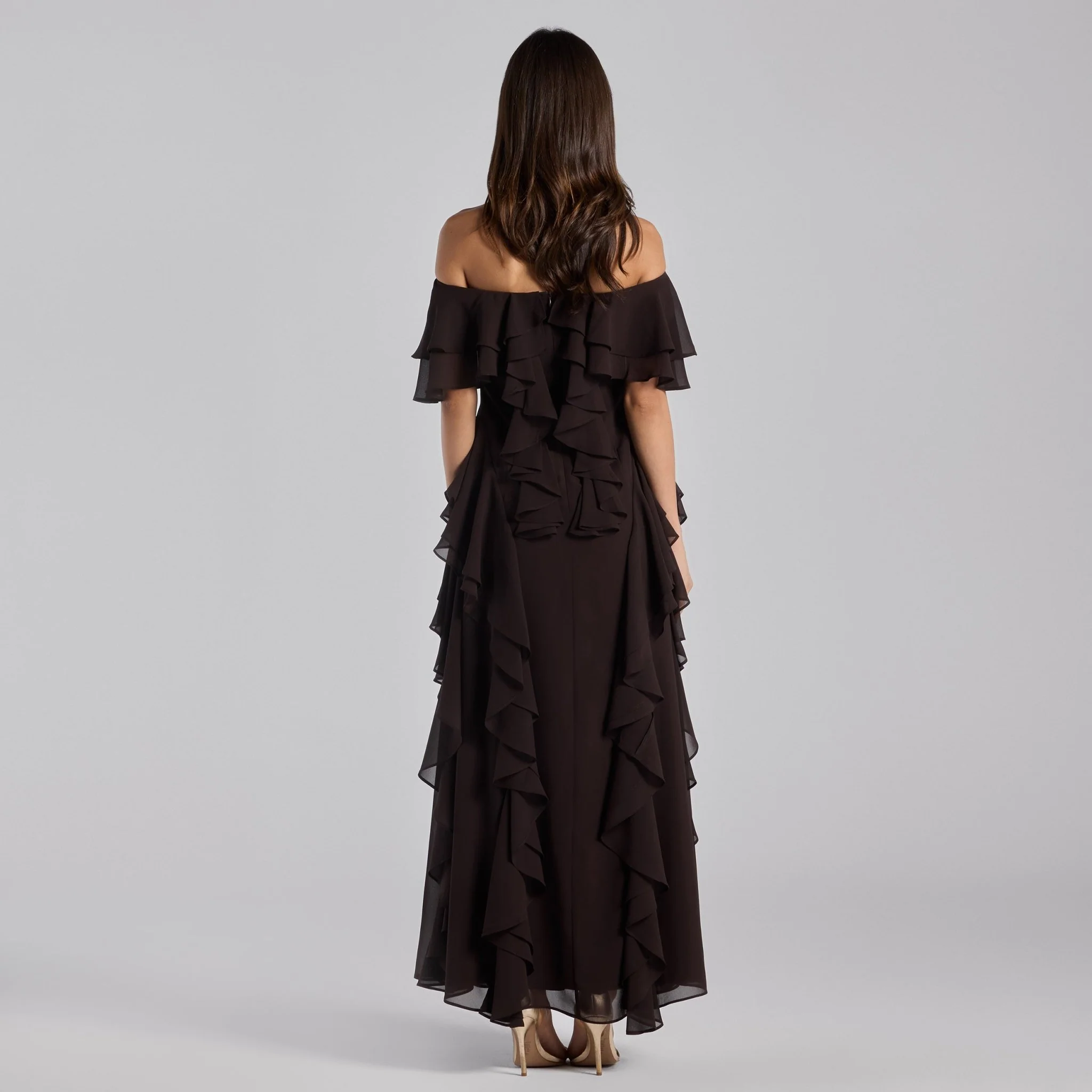 Dark Brown Off Shoulder Chiffon Maxi Dress With Ruffles - Image 4
