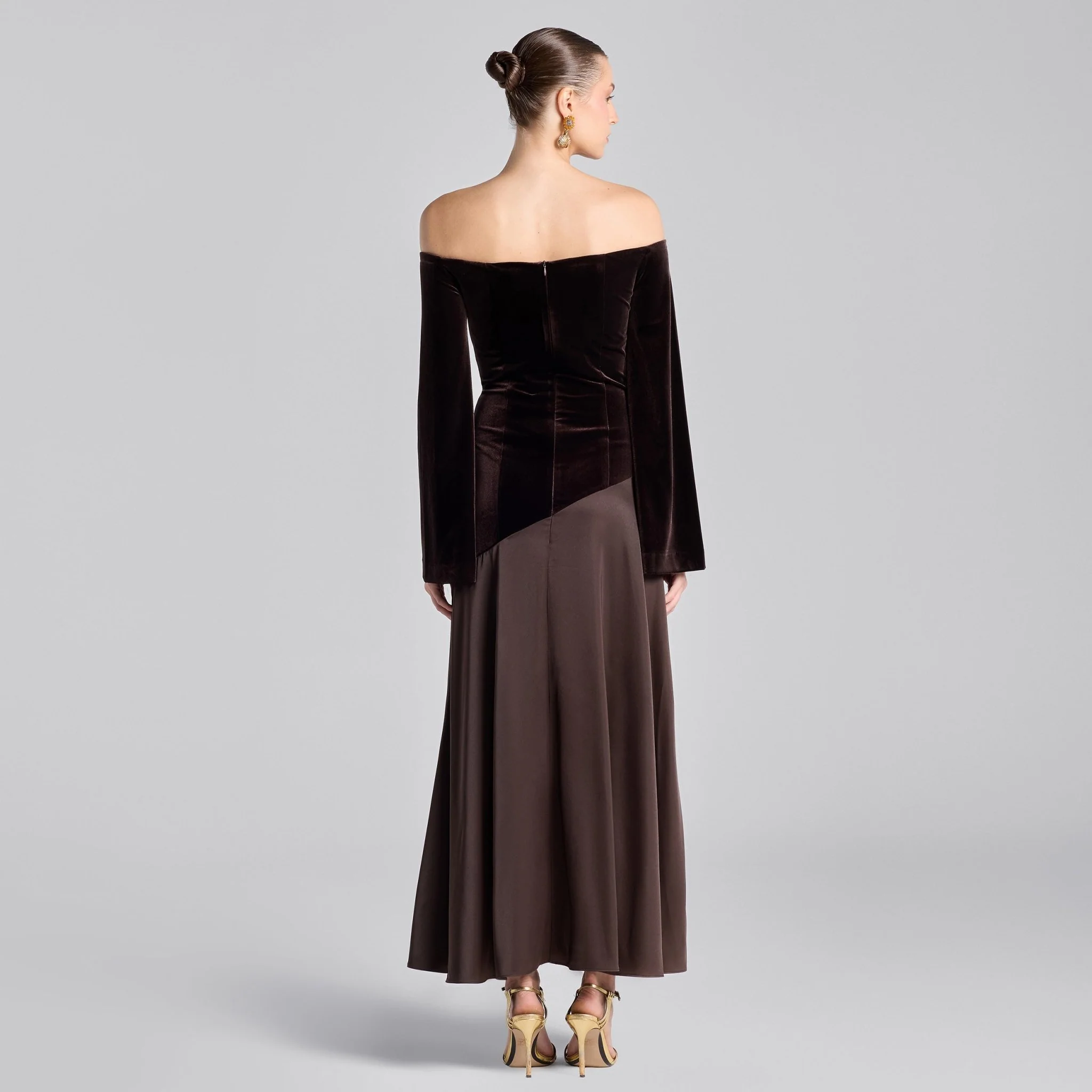 Dark Brown Off-Shoulder Velvet & Satin Balloon Sleeve Dress - Image 4
