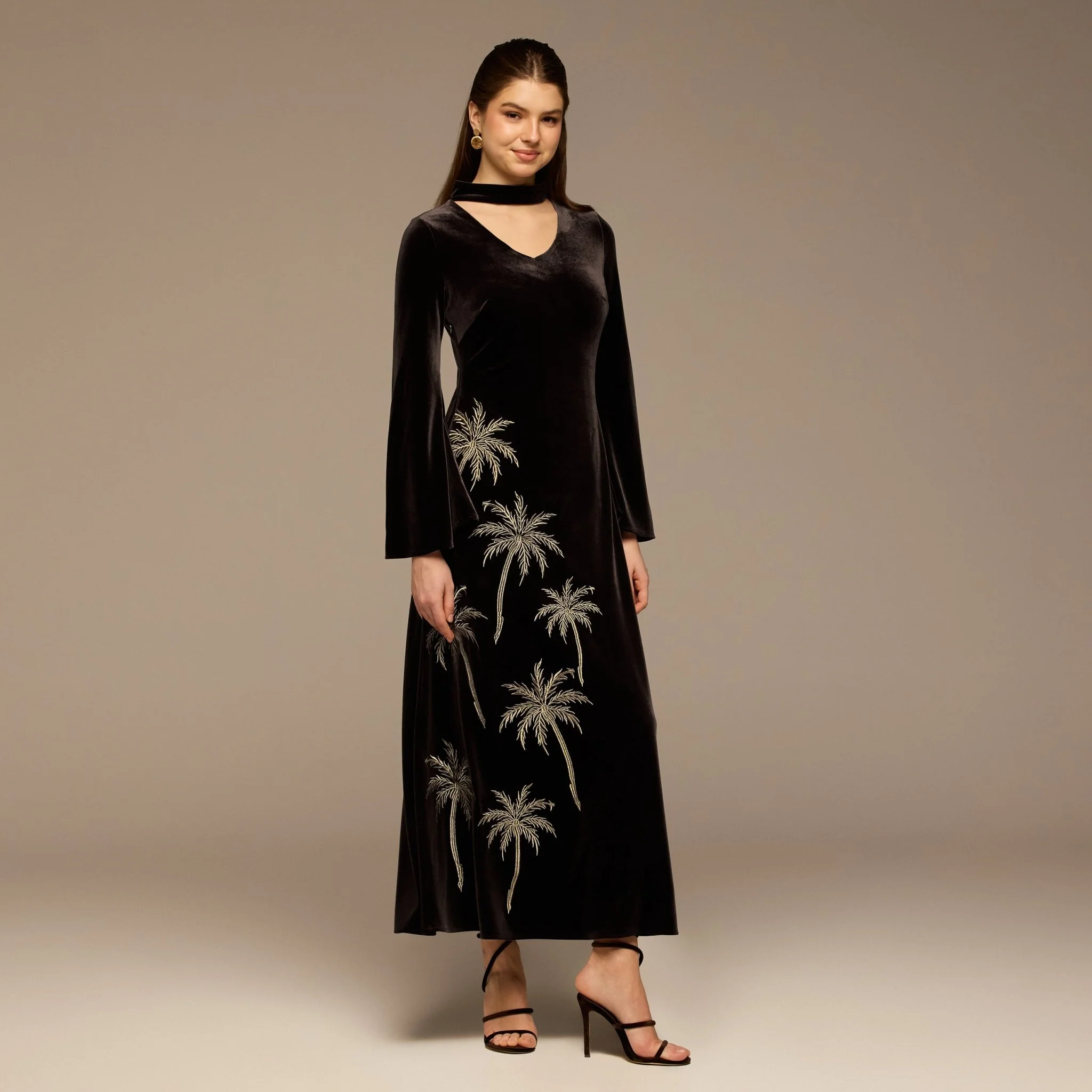 Brown Embroidered Velvet Maxi Dress - Image 2