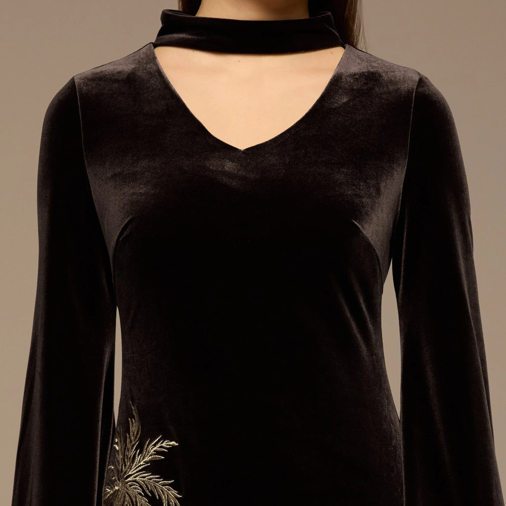Brown Embroidered Velvet Maxi Dress - Image 3