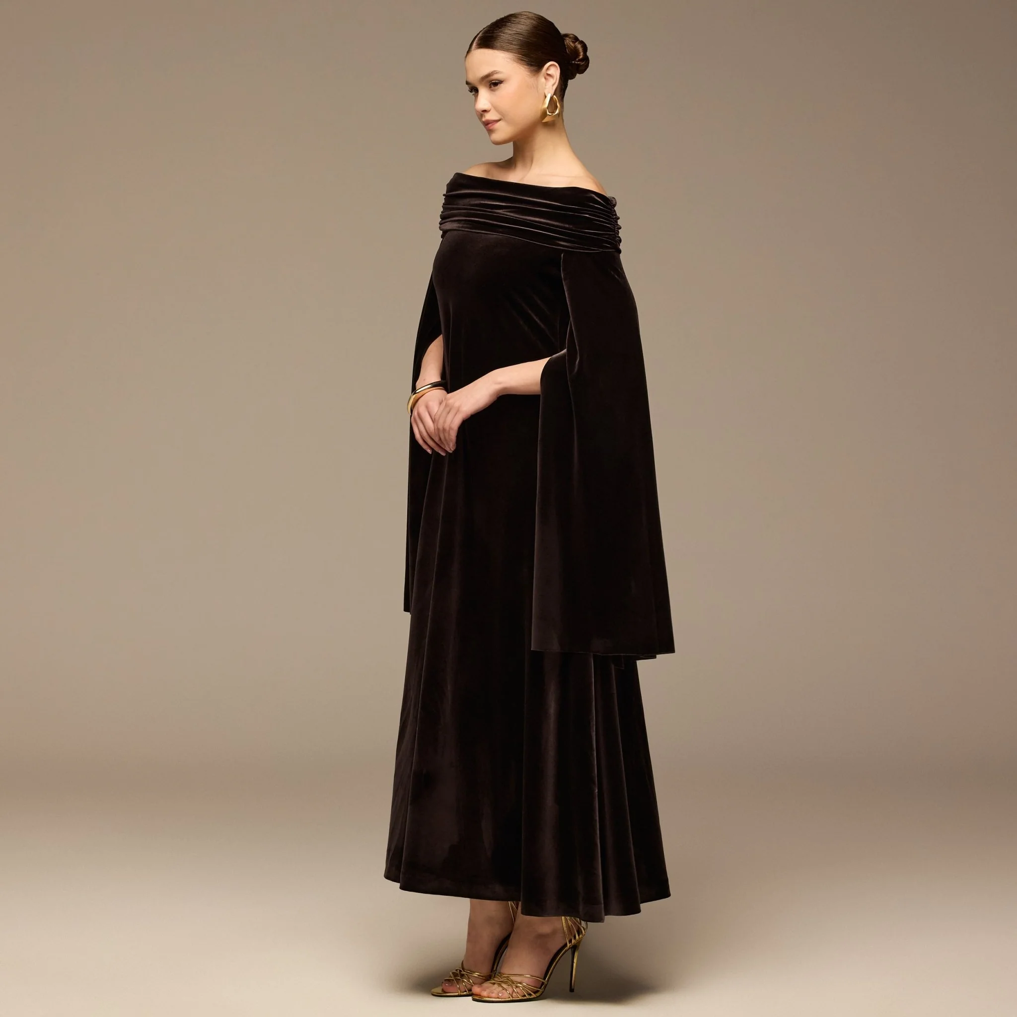 Dark Brown Off-Shoulder Draped Velvet Dress - Image 2