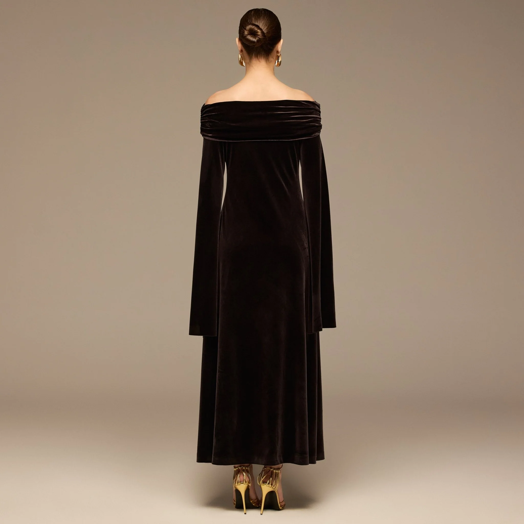 Dark Brown Off-Shoulder Draped Velvet Dress - Image 4