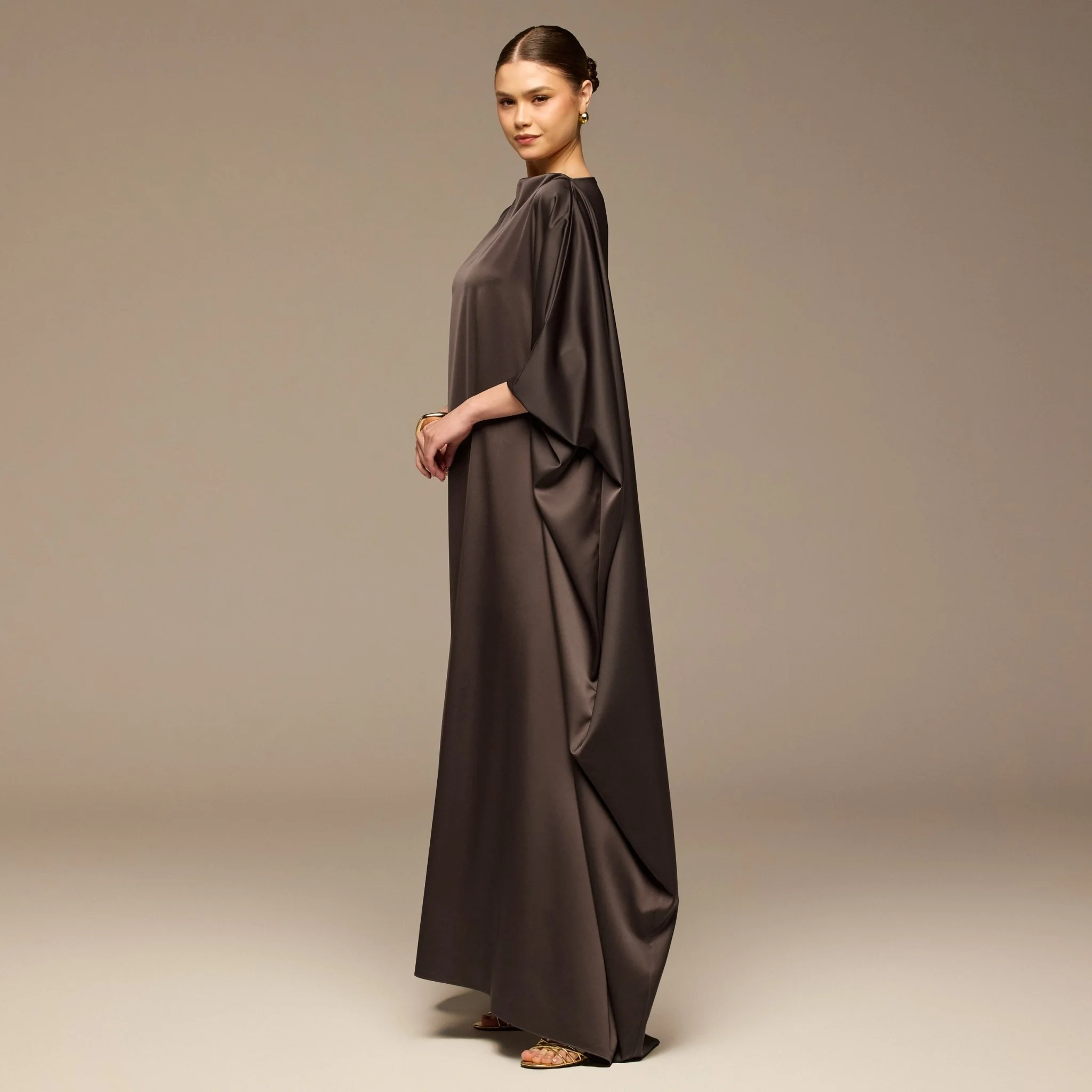 Dark Brown Satin Cape Drape Kaftan - Image 2