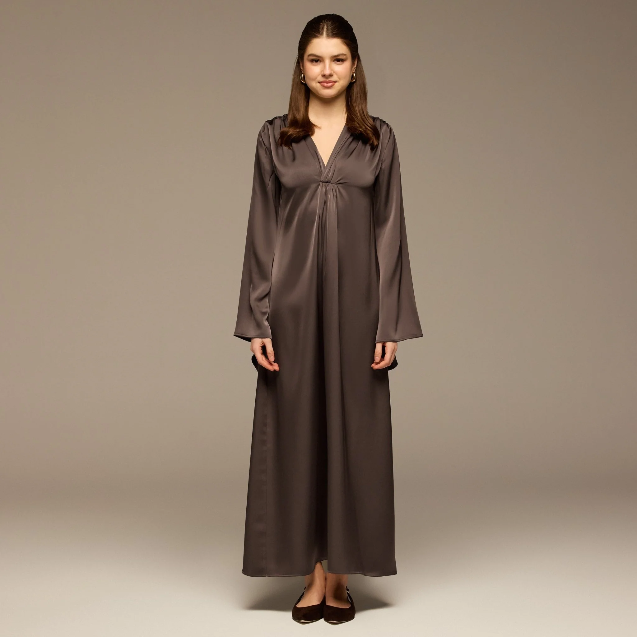 Dark Brown V-Neck Flared Sleeve Satin Kaftan