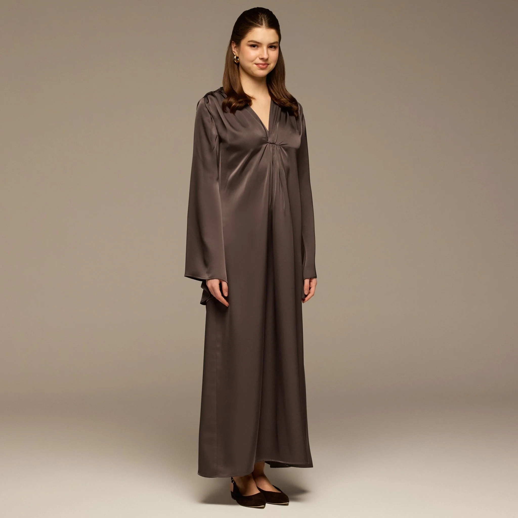 Dark Brown V-Neck Flared Sleeve Satin Kaftan - Image 2