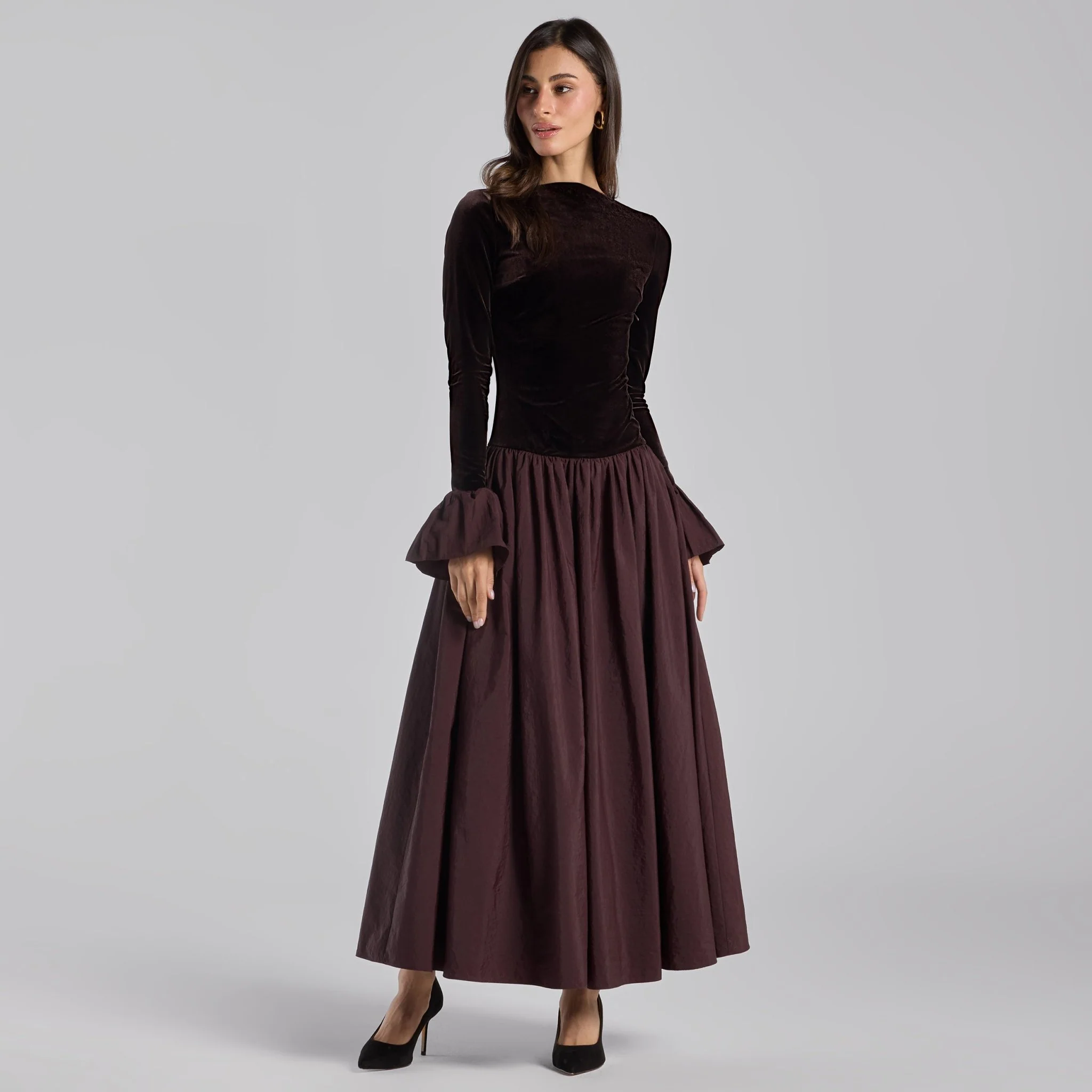 Dark Brown Velvet and Taffeta Maxi Dress with Ruffled Hem