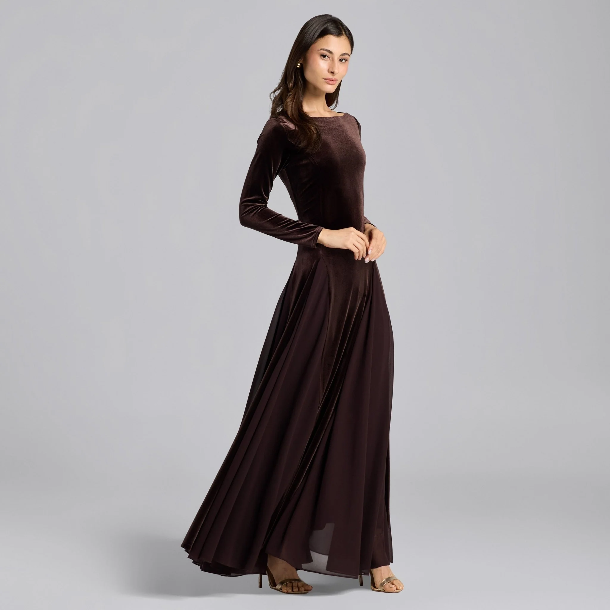 Dark Brown Velvet Maxi Dress with Chiffon Godets - Image 2