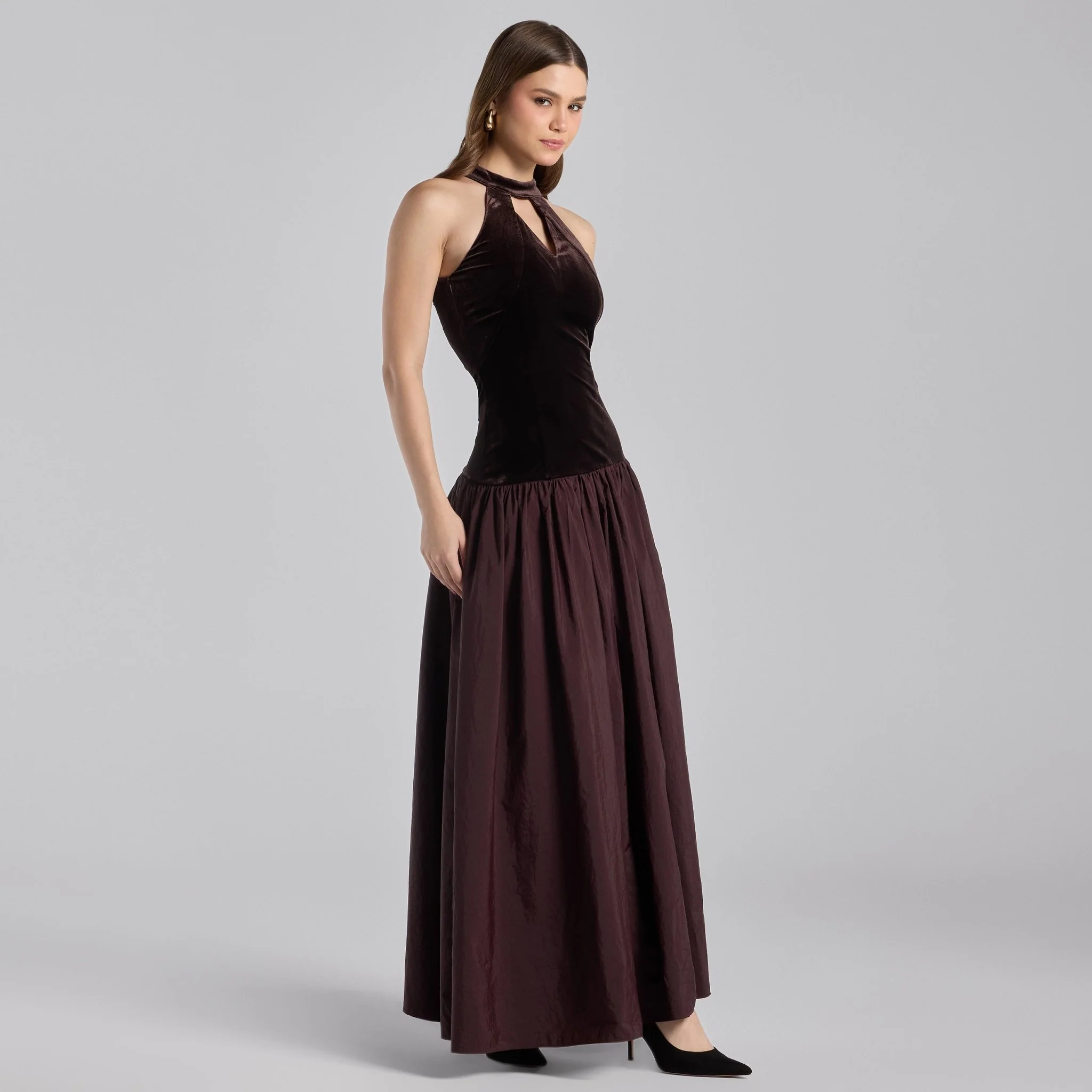 Dark Brown Velvet-Taffeta Halter Dress - Image 3