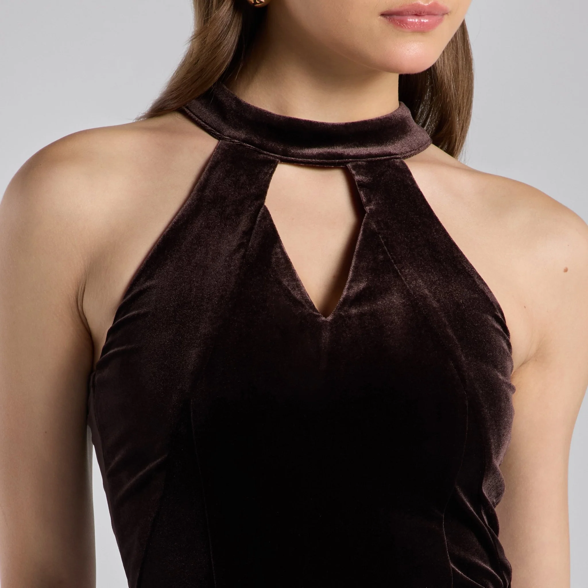 Dark Brown Velvet-Taffeta Halter Dress - Image 4