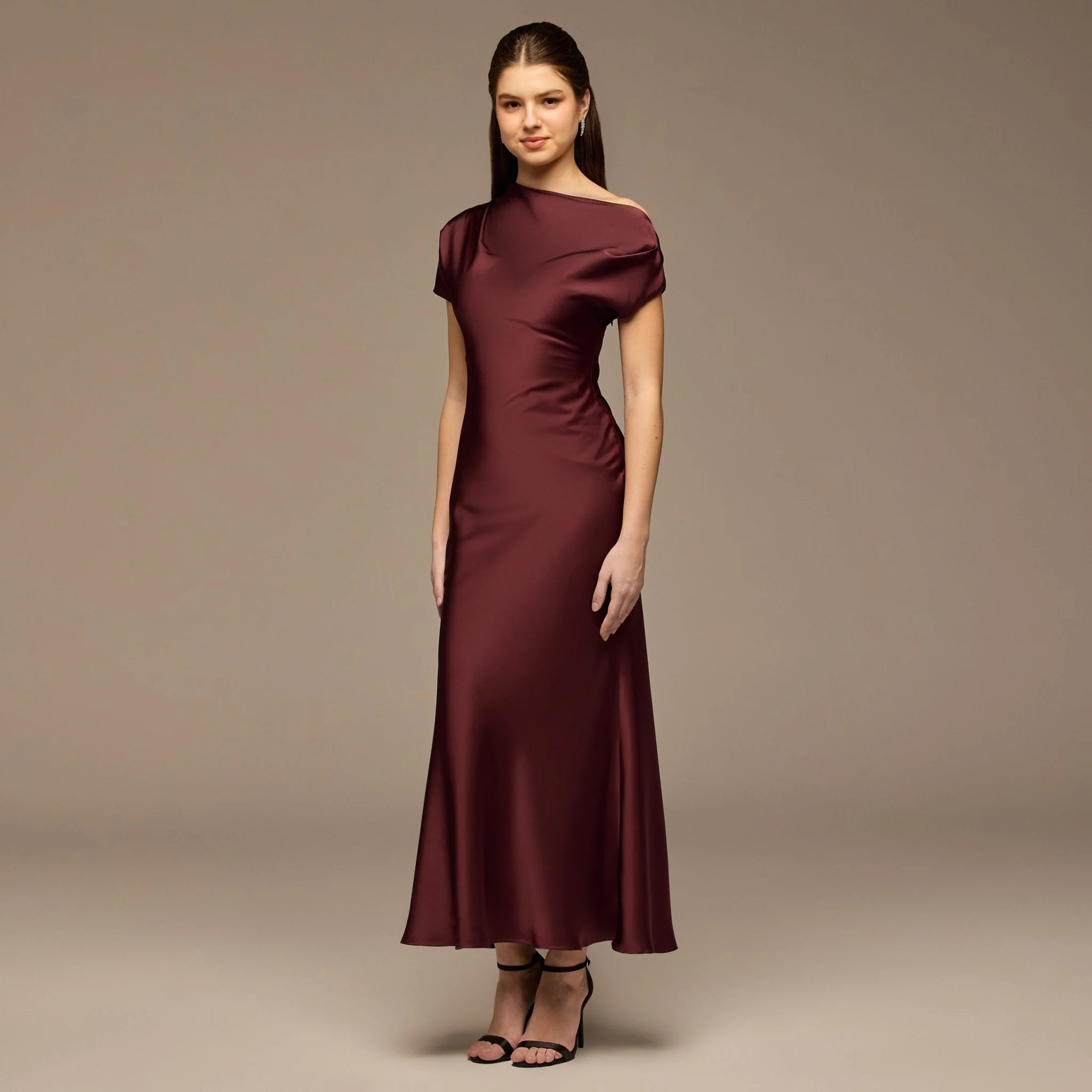 Dark Plum Draped Neckline Satin Maxi Dress - Image 2