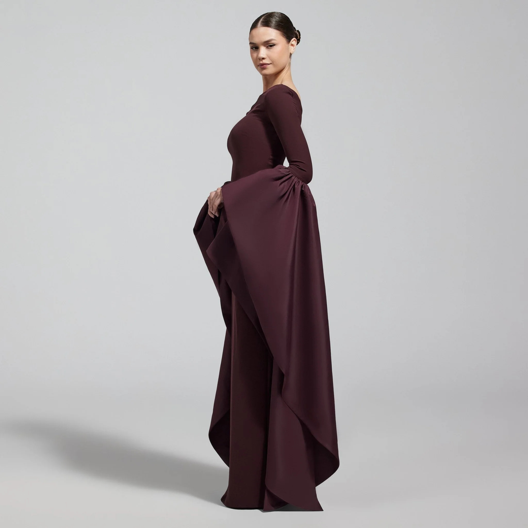 Dark Plum Fitted Gown With Extra Long Sleeves - Image 2