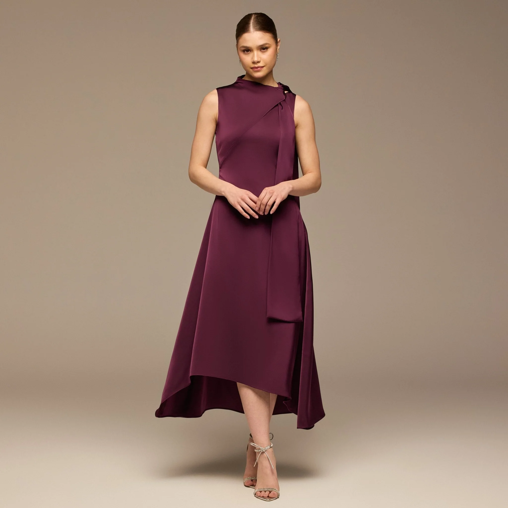 Dark Purple Side-Tie Satin Midi Dress