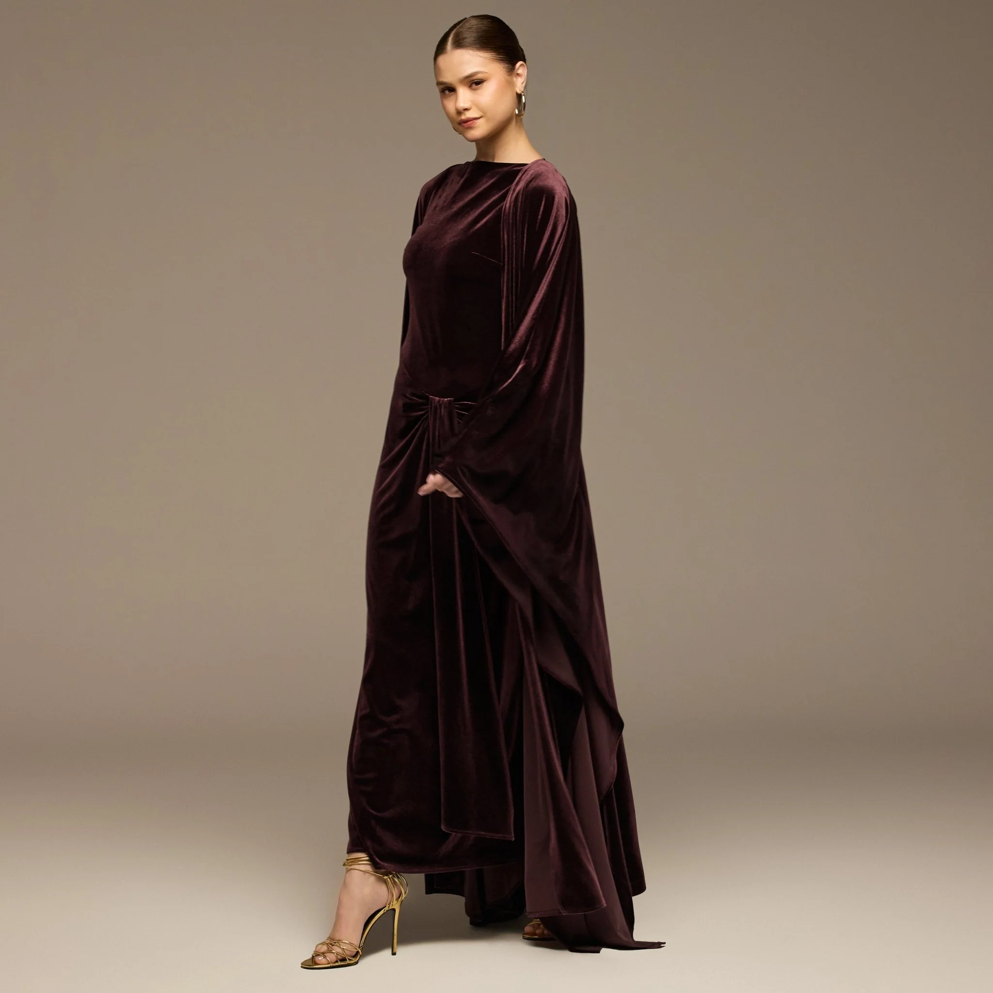 Burgundy Velvet Dress & Draped Cape Set - Image 3