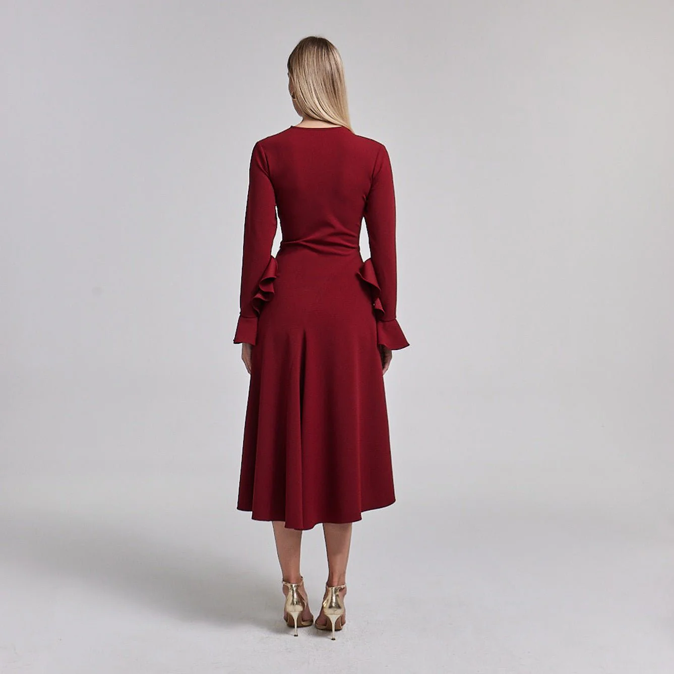 Dark Red Gathered Chest Crepe Midi Dress - Image 3