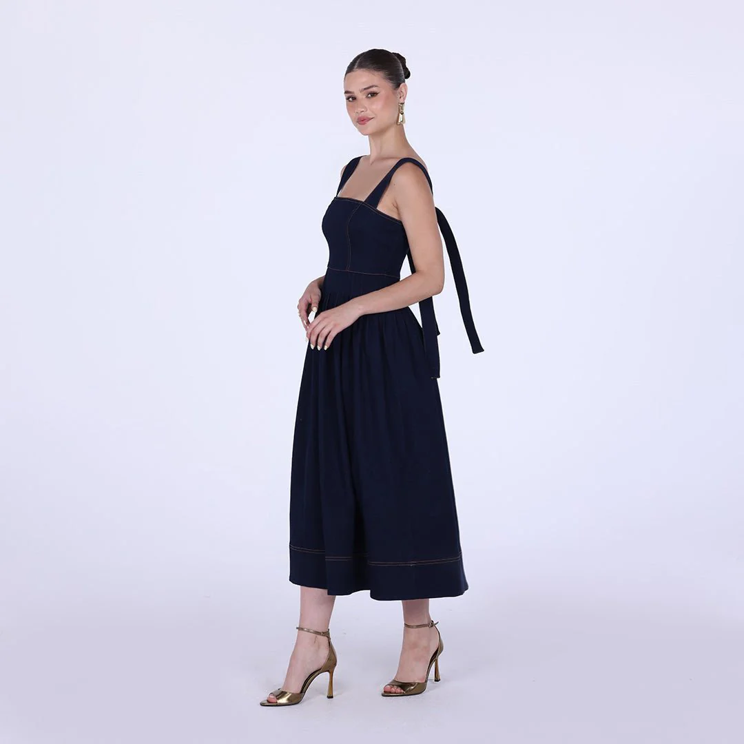 Denim Midi A-line Dress with Pleated Waist - Image 2