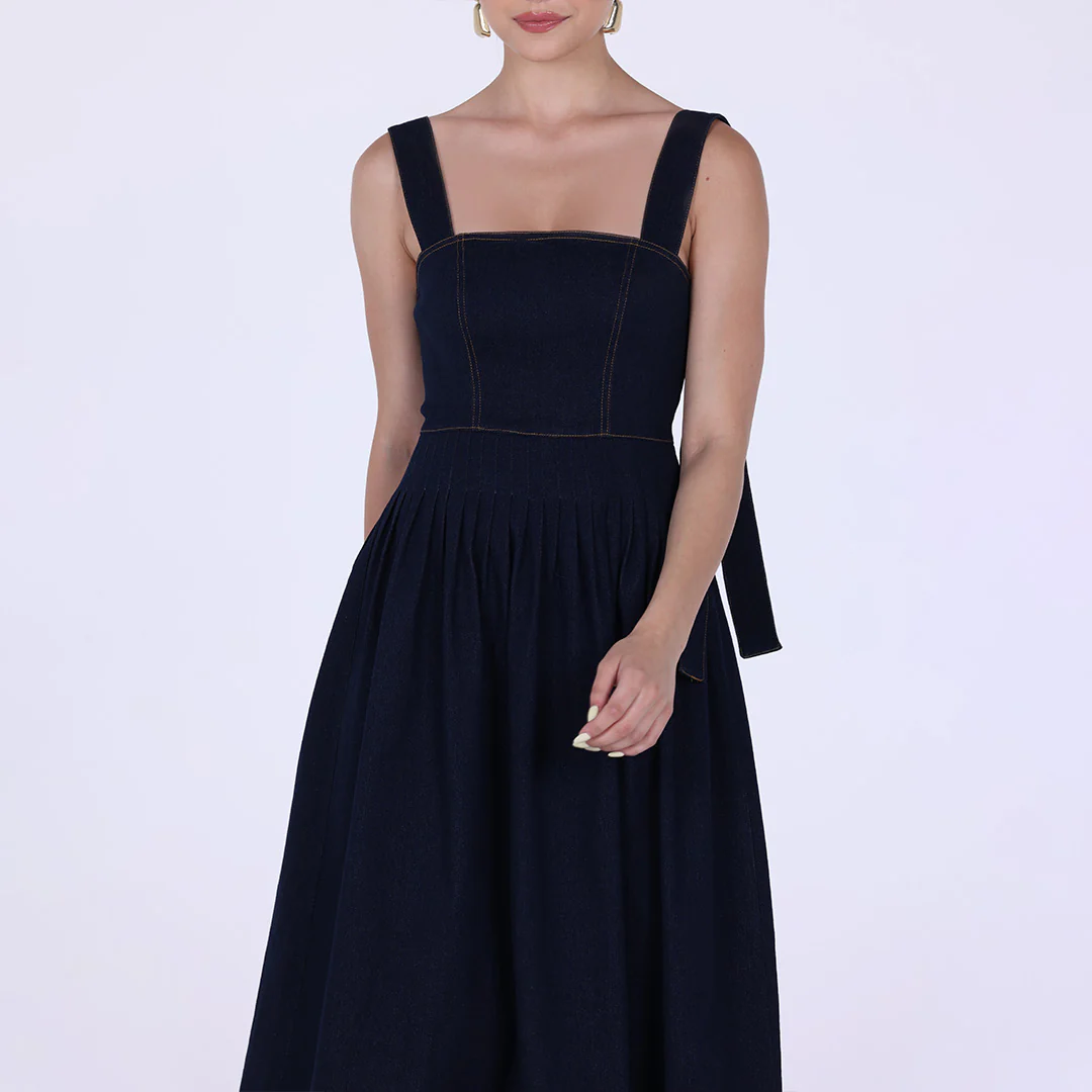 Denim Midi A-line Dress with Pleated Waist - Image 3