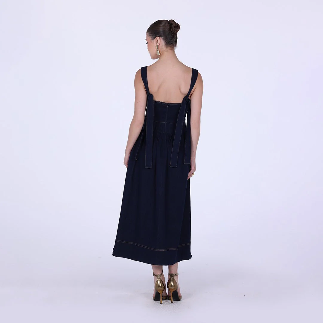 Denim Midi A-line Dress with Pleated Waist - Image 4