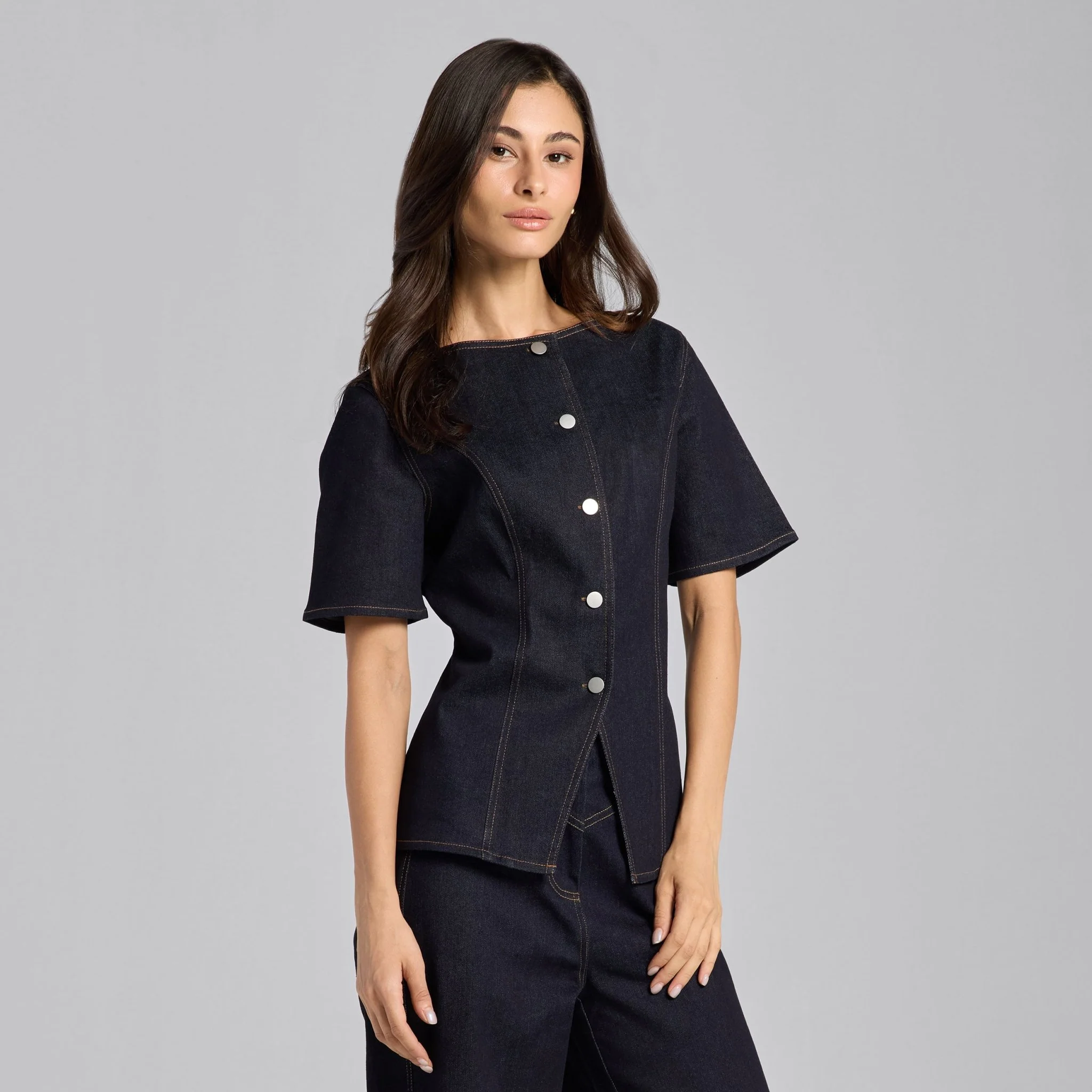 Front Slit Button Denim Top