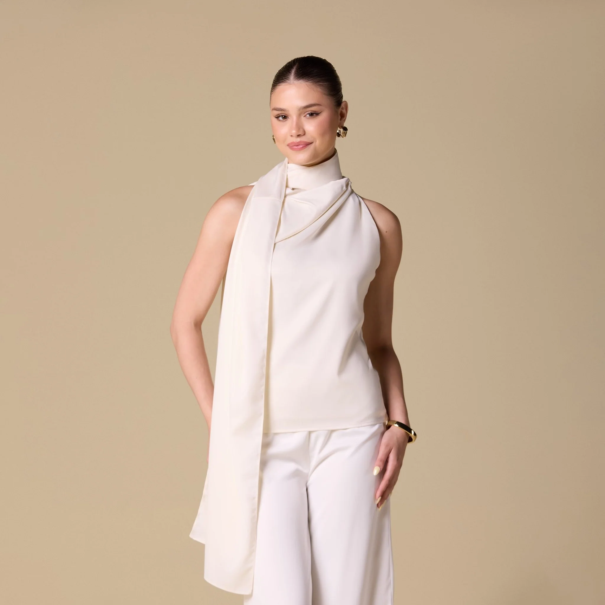 Draped Cowl Top with Attached Scarf - Image 3