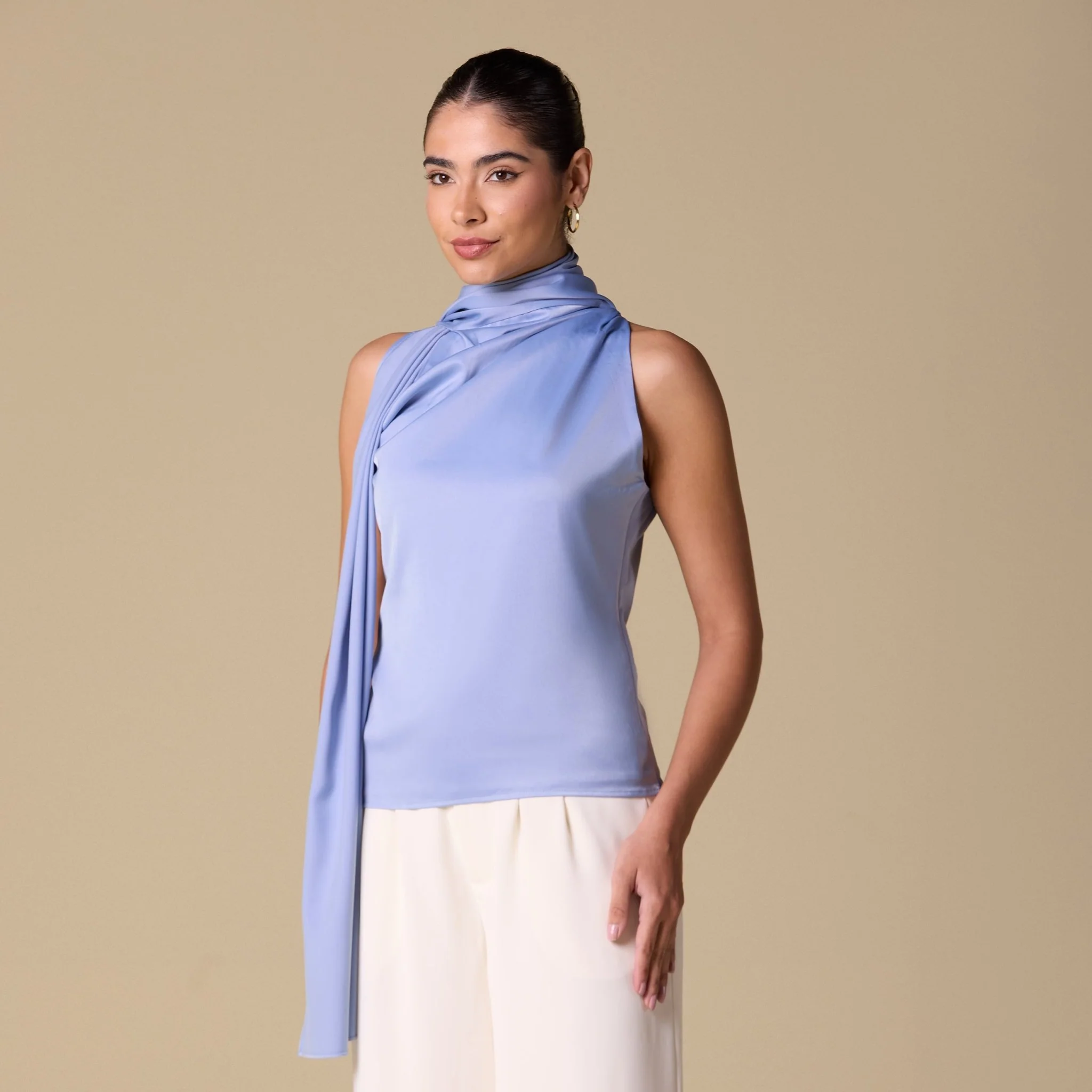Draped Cowl Top with Attached Scarf - Image 7
