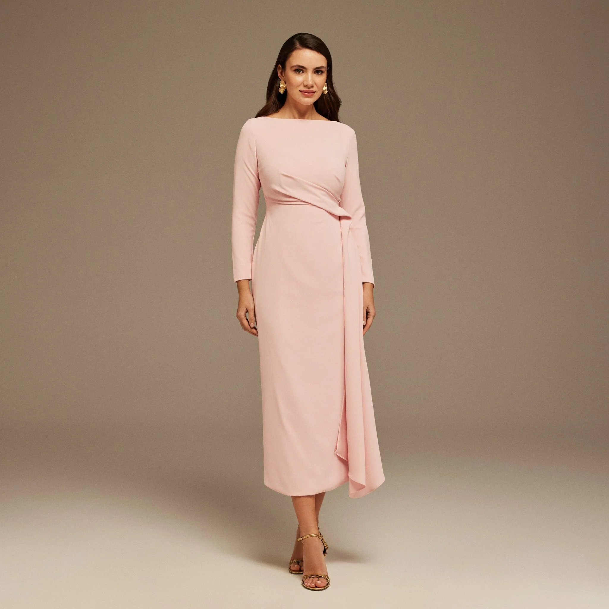 Pink Draped Midi Dress with Long Sleeves