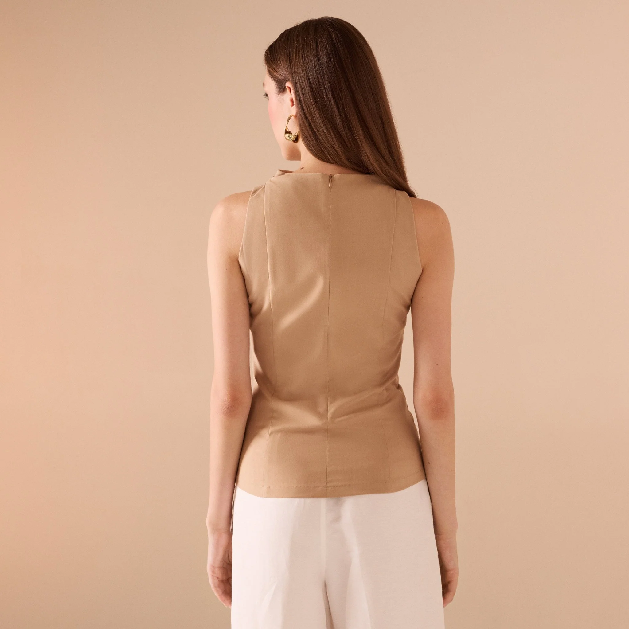 Beige Draped Neck Twill Top - Image 4
