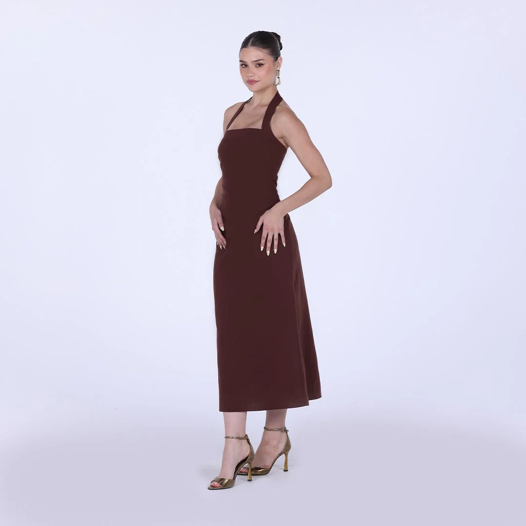 Linen Brown Draped Neckline Sleeveless Maxi Dress