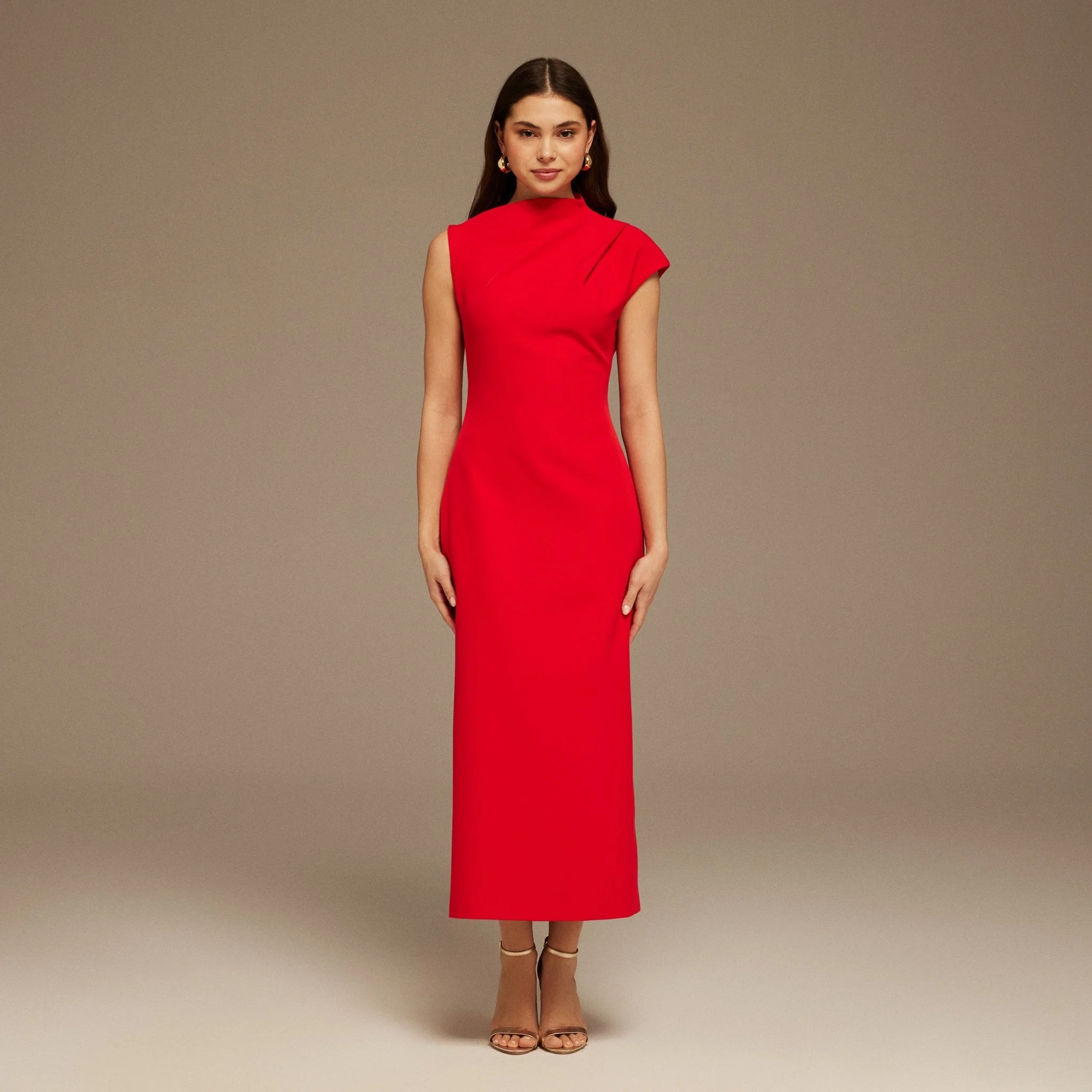Red Draped Shoulder Short Sleeve Midi Dress