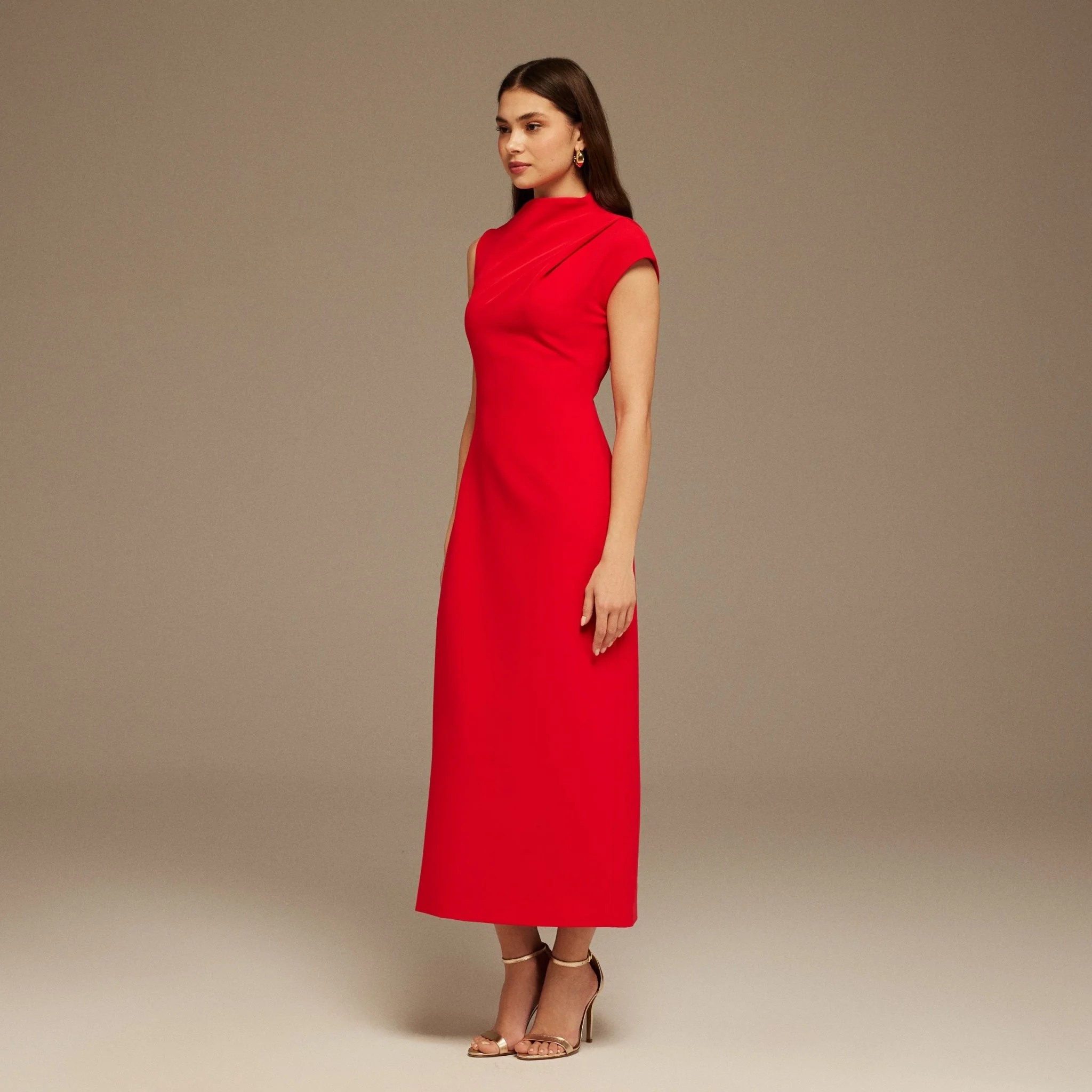 Red Draped Shoulder Short Sleeve Midi Dress - Image 2