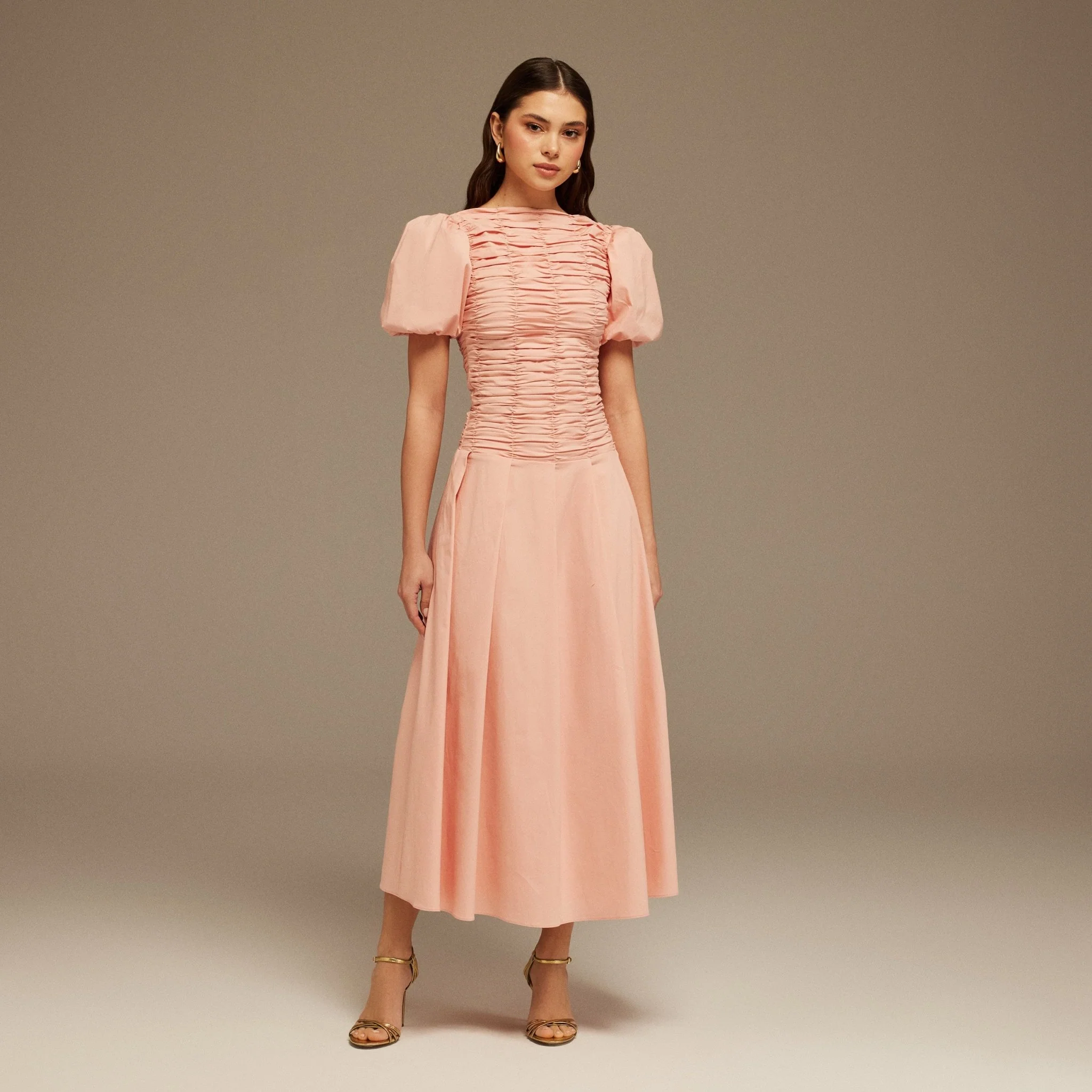Pink Draped Top Short Sleeve Midi Dress
