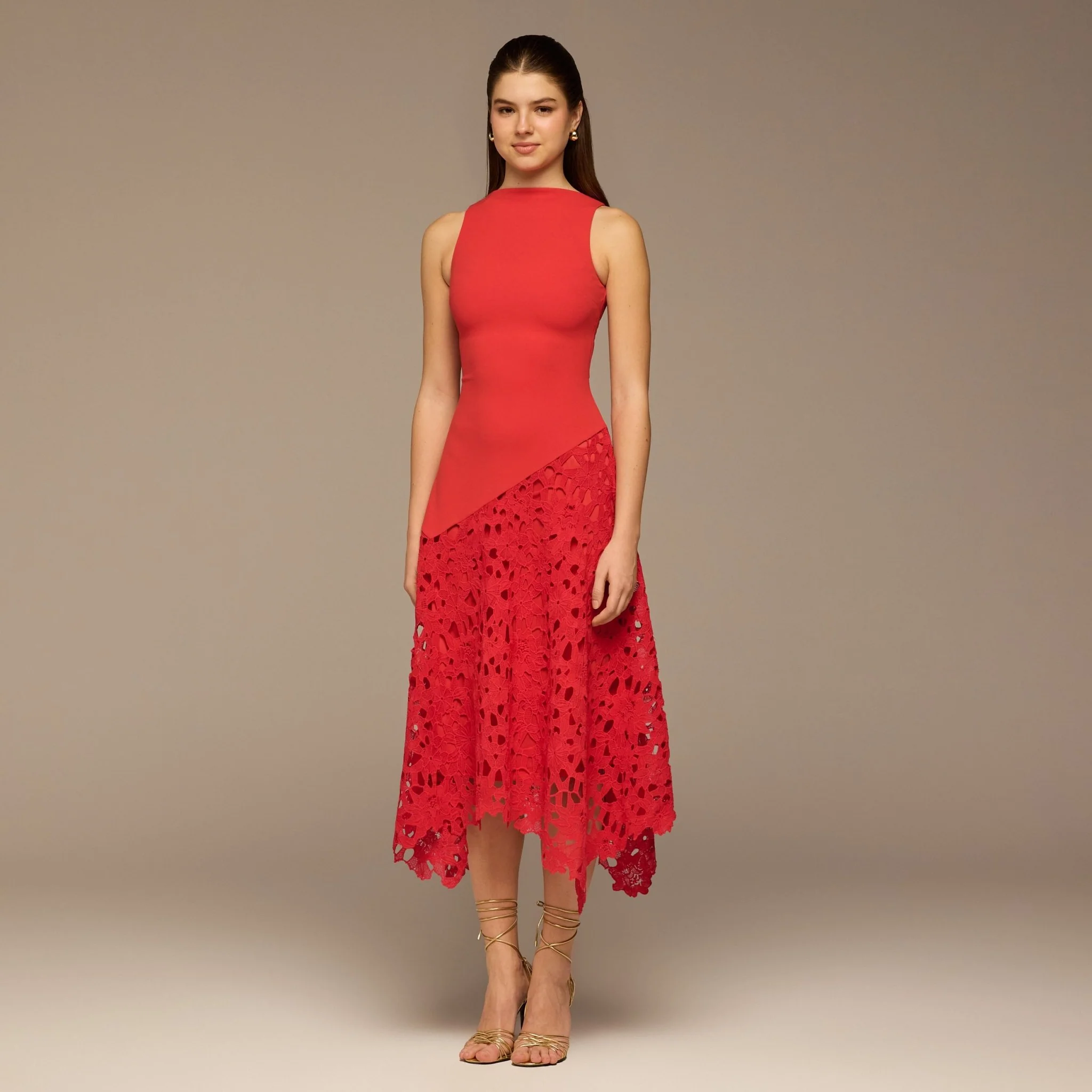 Red Asymmetric Lace-Overlay Crepe Dress - Image 2