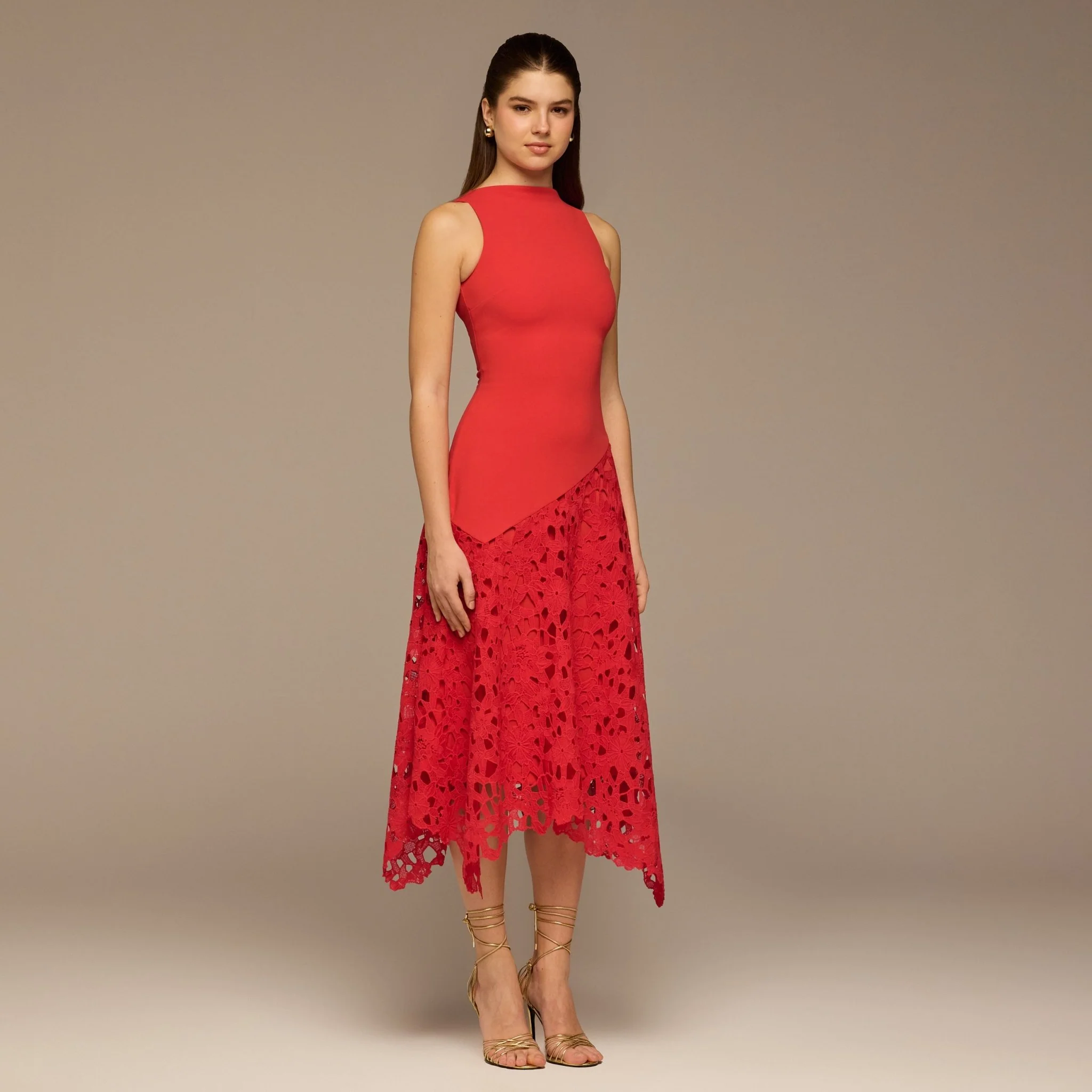 Red Asymmetric Lace-Overlay Crepe Dress - Image 3