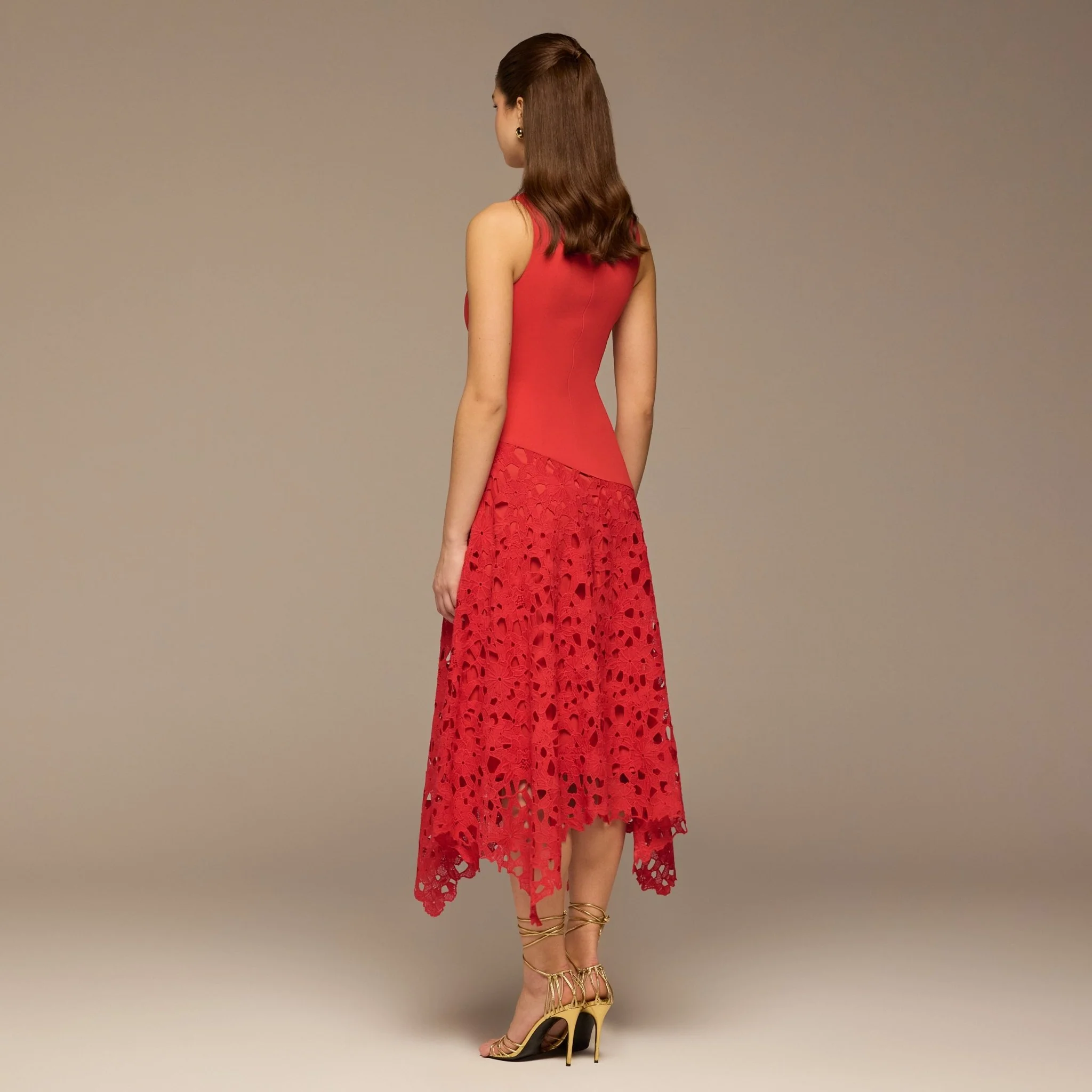 Red Asymmetric Lace-Overlay Crepe Dress - Image 5