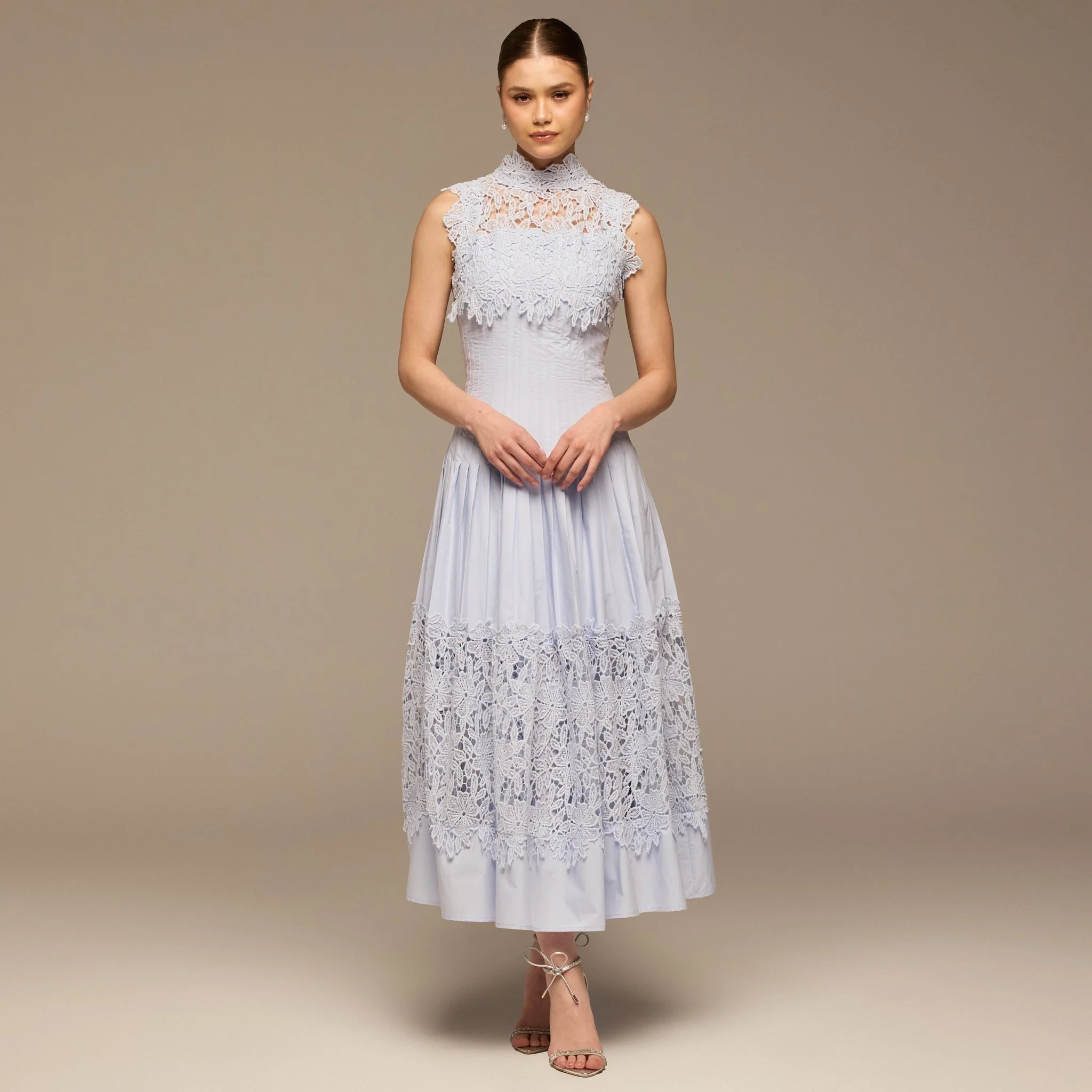 Blue Lace-Paneled Cotton Midi Dress