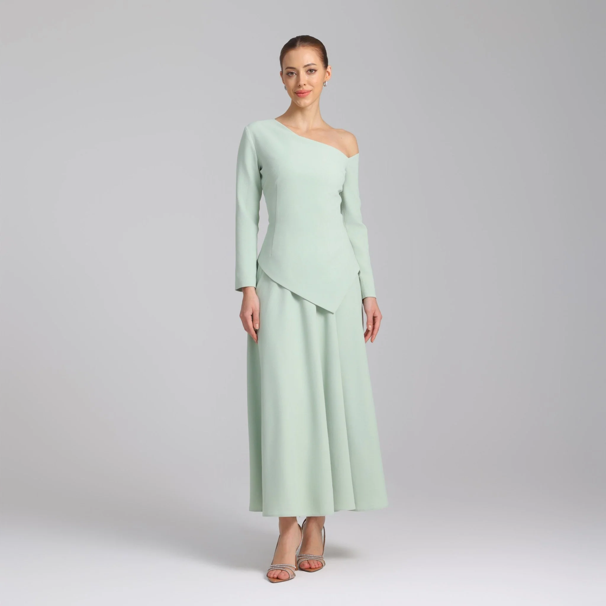 Green One-shoulder Long Sleeve Crepe dress - Image 5